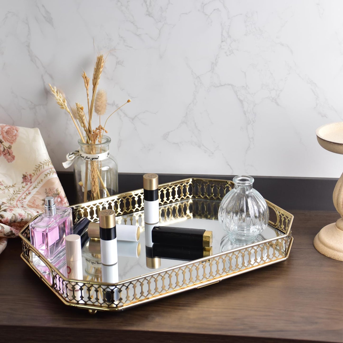 Yikinip Bar Cart Tray Glass and Gold Tray，Mirrored Tray for Cologne, Perfume and Gold Vanity Tray- Decorative Mirrored Vanity Tray with Cutout Design, Glass Base, Metal Jewelry Organizer