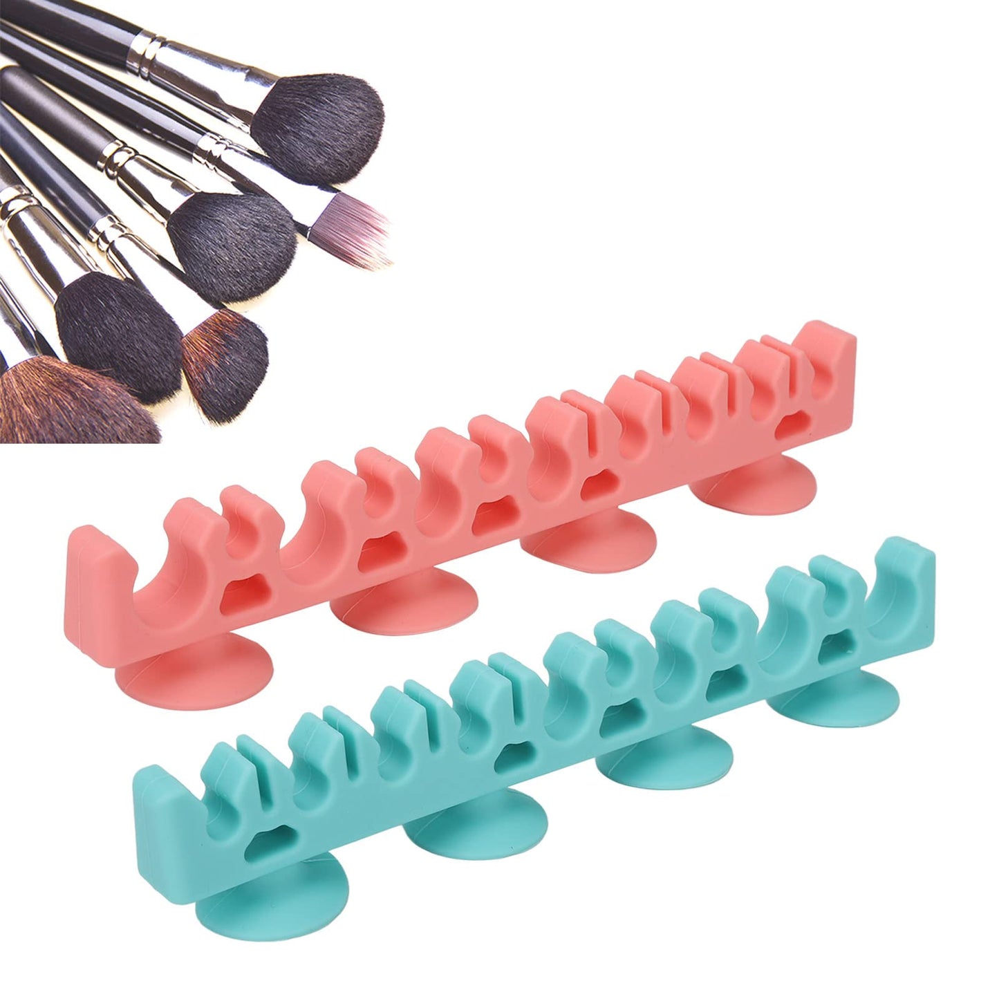 Sonew Silicone Wall Mounted Makeup Brush Rack, Blue, Large, 2 Shelves, Multifunctional, Soft and Gentle, Self-Absorbing Suction Cups, for Cosmetics and Small Items