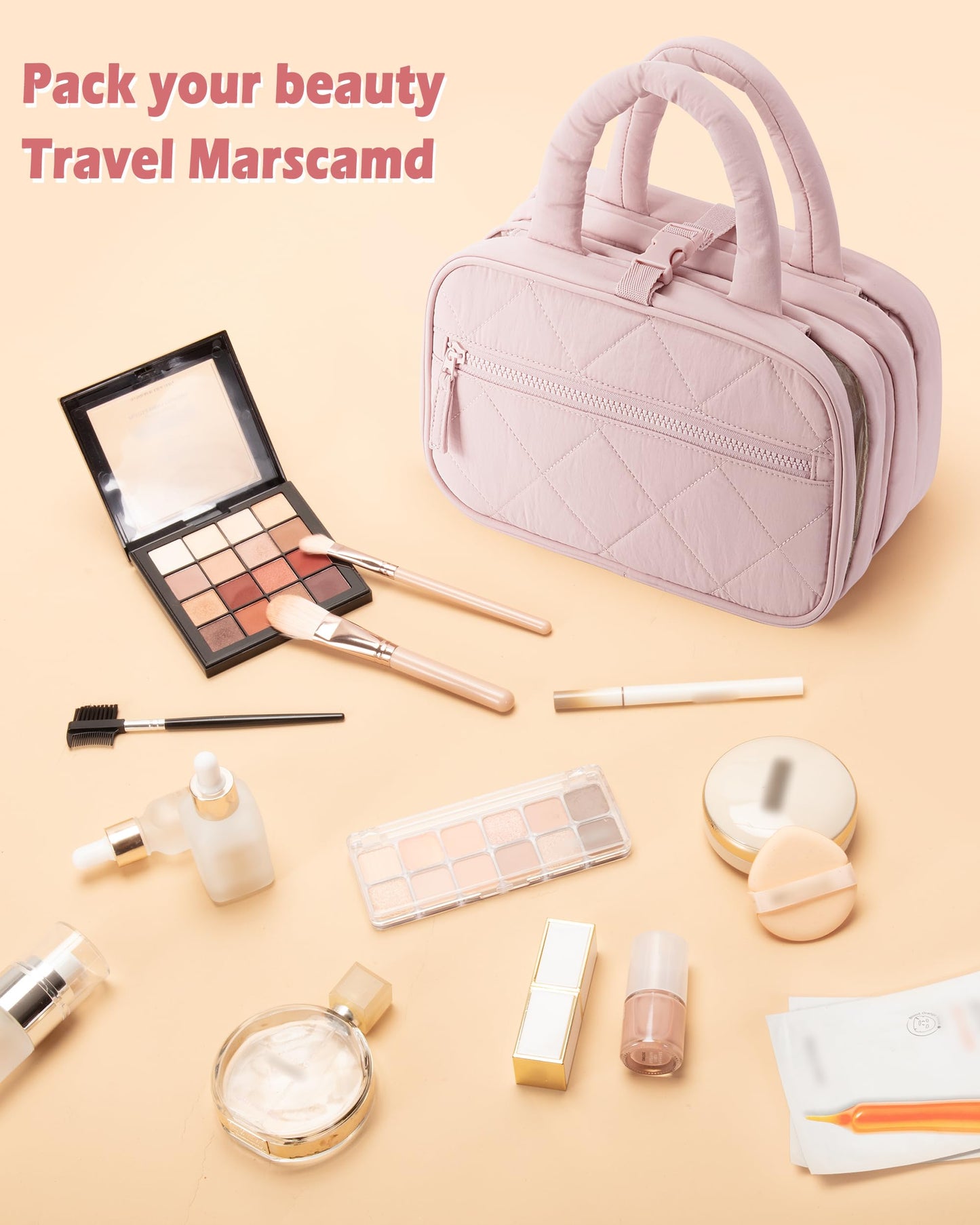 Marscamd Travel Toiletry Bag for Women with Hanging Hook, Puffy Makeup Organizer with Brushes Slots for Bathroom, Shower and Beauty Essentials, Pink