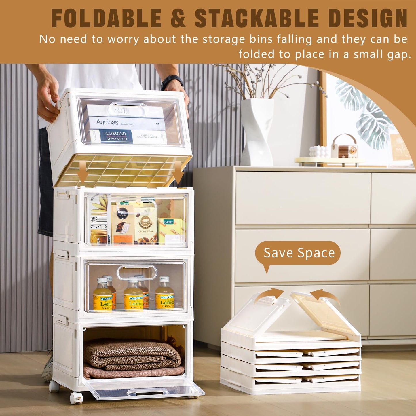 Freebat 4-Tier Stackable Storage Bins with Lid, 23QT Storage Containers,Clear Foldable Plastic Drawer Storage on Wheels,Closet Organizers and Storage for Living Room,Bedroom,Office,Dorm