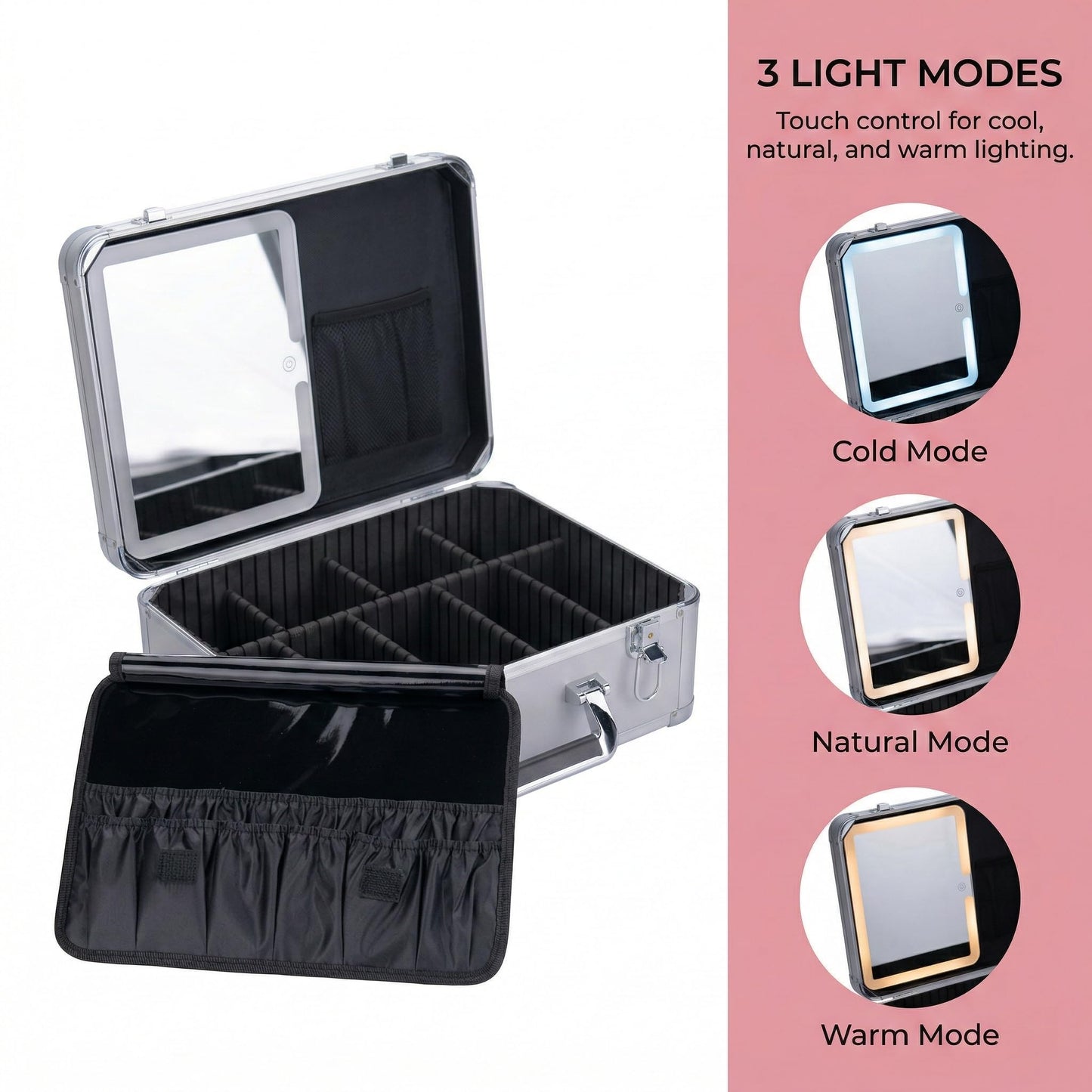 CHENGLIN Extra Large 15 inches Makeup Case with Lighted Mirror – Cosmetic Organizer with Adjustable Dividers, Magnetic LED Mirror, Portable Makeup Suitcase for Women (Silver)