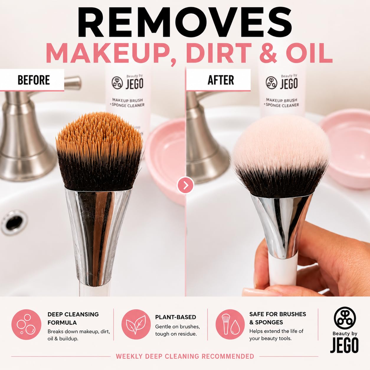 JEGO Makeup Brush + Sponge Cleaner Solution - Ideal for Removing Makeup, Dirt, & Oil - Make Up Brush Cleanser - Hypoallergenic & Plant-Based Solution - 32 Oz