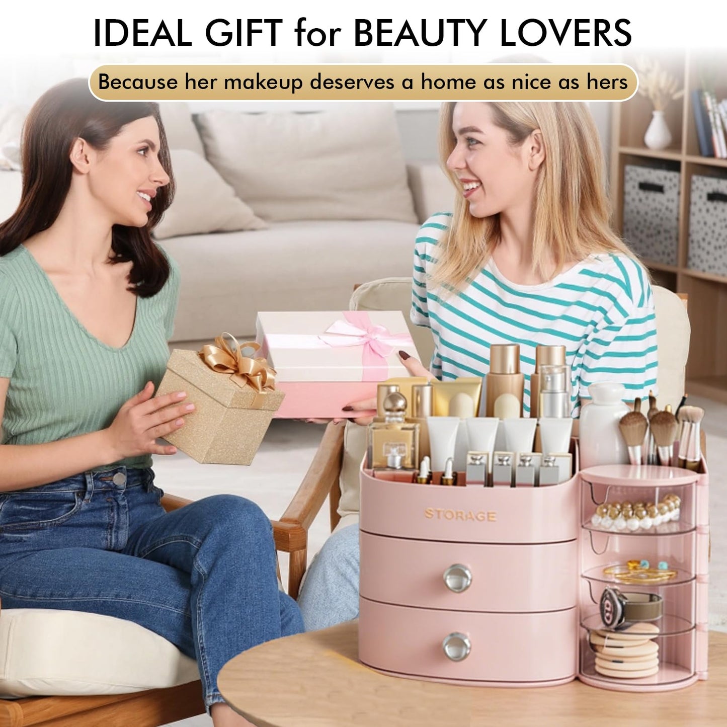 Makeup Organizer Countertop with Drawers, Make up Organizers for Vanity, Skincare Jewelry Earring Organizers, Cosmetic Display Cases Makeup Storage for Bedroom & Bathroom, Ideal Gifts for Women(Pink)