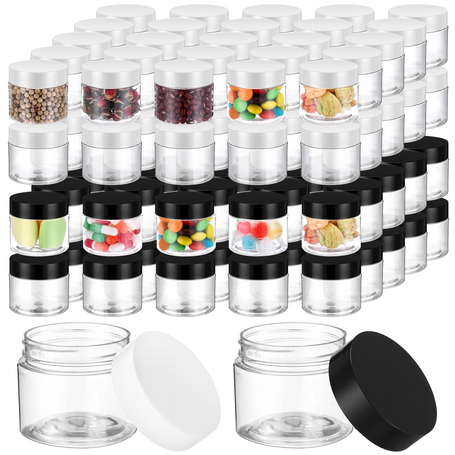 Meanplan 100 Pcs 2 oz Plastic Jars with Lid Mini Mason Jars with Lids Clear Round Cosmetic Container for Travel Storage, Lotion, Cream, Kitchen Use, DIY(Black, White, Pp)