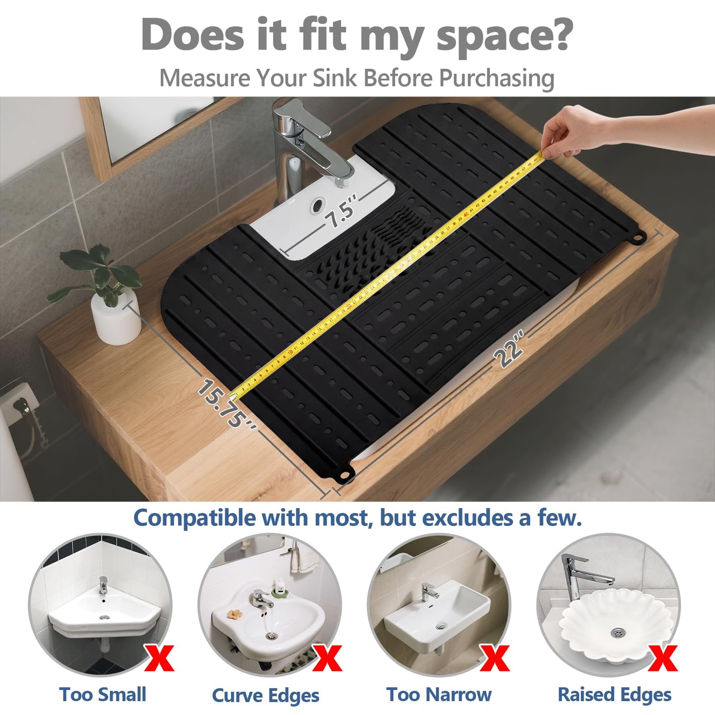 Johamoo Bathroom Sink Cover for Counter Space, Foldable Sink Mat, Silicone Makeup Brush Cleaning Mat Tools Organizer Space Saver, Small Bathroom & RV Camper Travel Must Haves Accessories, Black