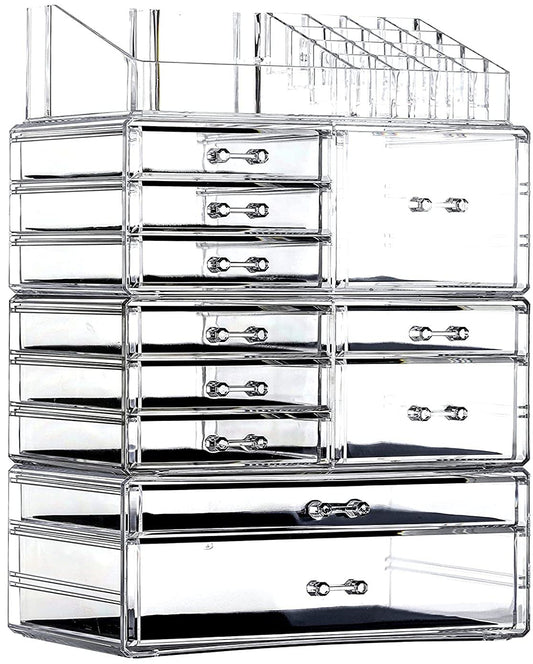 Cq acrylic Clear Makeup Storage Organizer Drawers Skin Care Large Cosmetic Display Cases Stackable Storage Box With 11 Drawers For Dresser 1 Pack