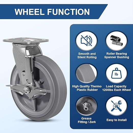 8 Inch Rubber Wheels (Flat Tread)- Heavy Duty Casters, Industrial Caster Wheels- with up to 1200 LB Capacity- Use for Dollies, Utility and Maintenance Carts(2 Brake)
