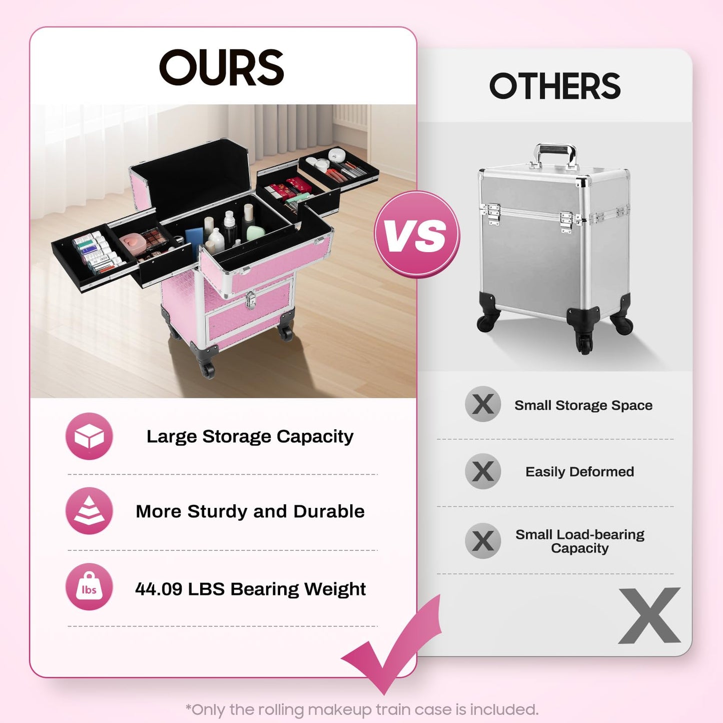 eaizybuk Makeup Train Case, Rolling Aluminum Makeup Case, 4 Detachable Wheels& 2 Keys, Professional Cosmetology Case Suitcase on Wheels, Lockable Beauty Storage Hair Stylists Travel Bag,Pink