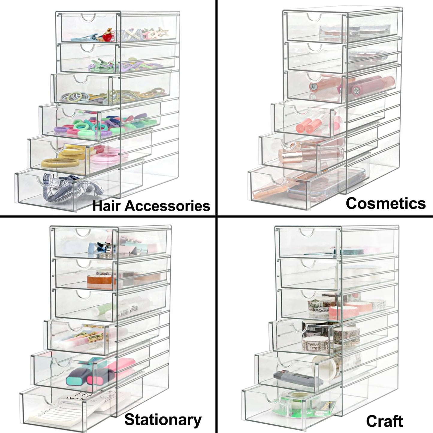 Clear Drawer Organizer, Transparent Plastic Storage Drawers, Hair Accessaries Organizer Case Display Stand, Acrylic Organizers for Organizing Eyeglass, Hair Ties, Accessories (Large - 6-Drawer)