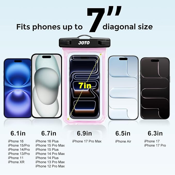 JOTO 2 Pack Universal Waterproof Phone Case for iPhone 17 Air 16 15 14 13 12 11 Plus Pro Max, IPX8 Cellphone Dry Bag XR X SE, Galaxy S23 S22 S21 S20+ S20 S10 Plus Note, Pixel up to 7" -Black/Pink