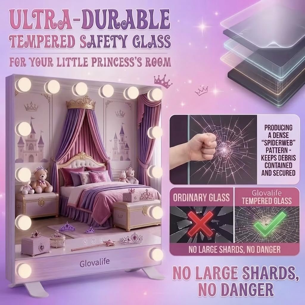 Glovalife Vanity Mirror with Lights, Large Hollywood Lighted Mirror, LED Bulbs with 3 Colors Lighting, USB & USB C Charging Port, Touch Control, Glass Tempered, White 22.8" X 18.1"