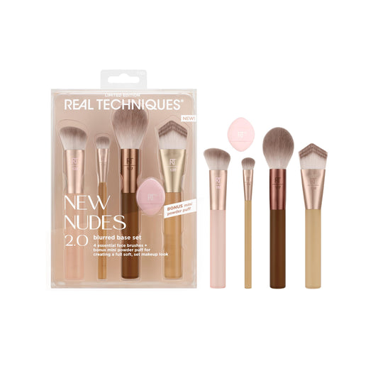 Real Techniques New Nudes Blurred Base Kit, 5 Piece Face Makeup Brush Set with Powder Puff, for Foundation, Concealer, Blush, Contour & Powder Blending, Soft Bristles, Cruelty-Free