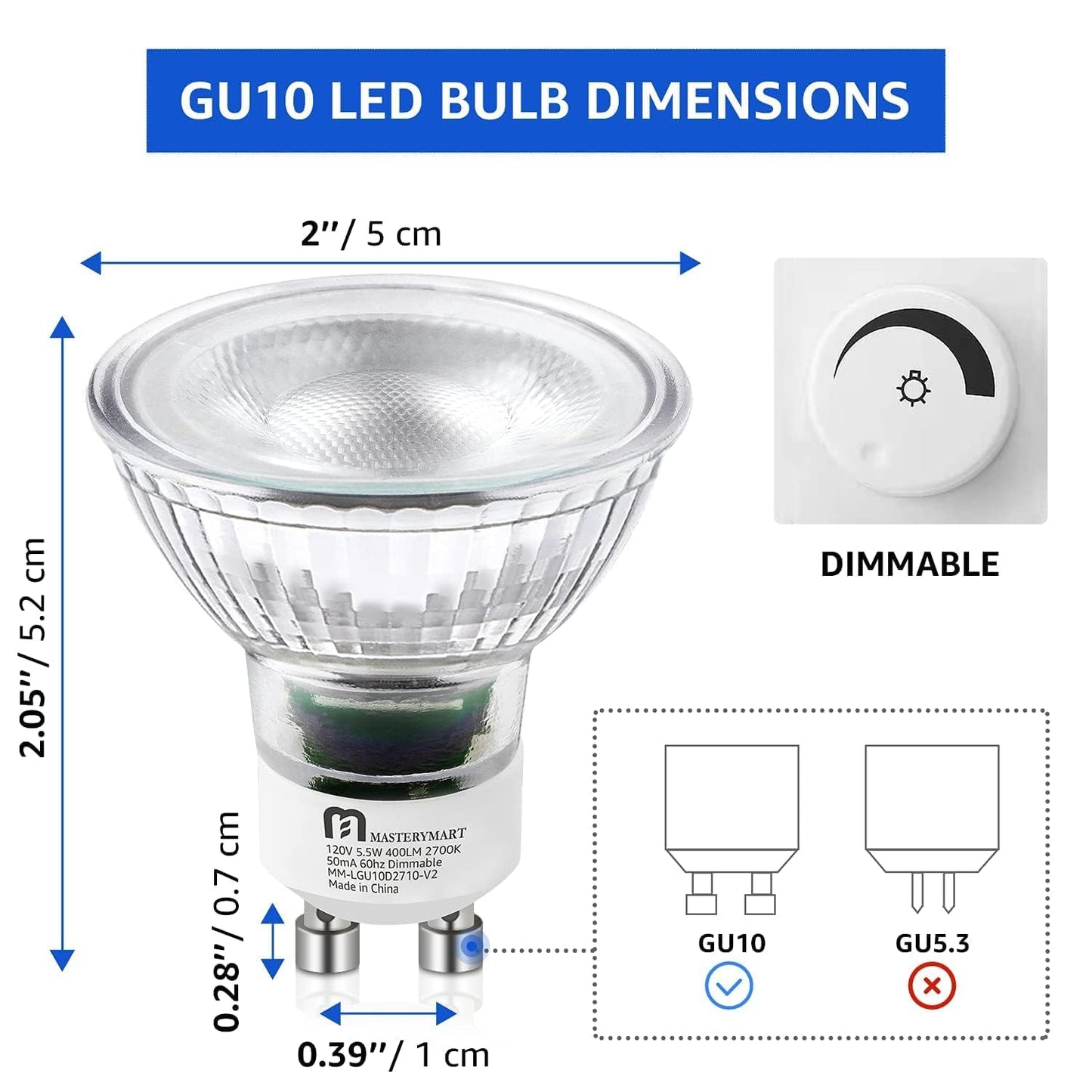 MASTERY MART Dimmable GU10 LED Light Bulbs, 5.5W Bright 2700K Soft White 50W Halogen Equivalent, 400lm Energy Saver for Track Lighting Fixture, Kitchen, Basement, Living Room, 25000 Hours, 10 Pack