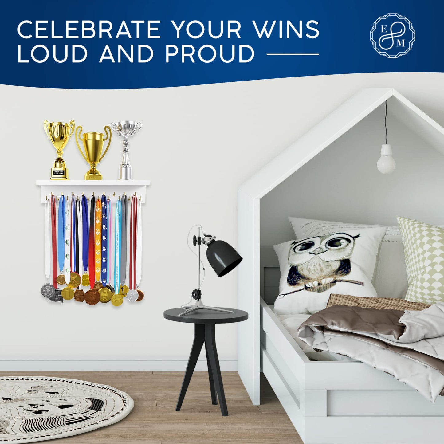 EVERMORE Medal Hanger Display and Trophy Shelf with Hooks - Wooden Medal Holder for Wall Mount Ribbon Display, Trophy Display Shelf for Gymnastics, Soccer, Running Race Medals Awards Rack