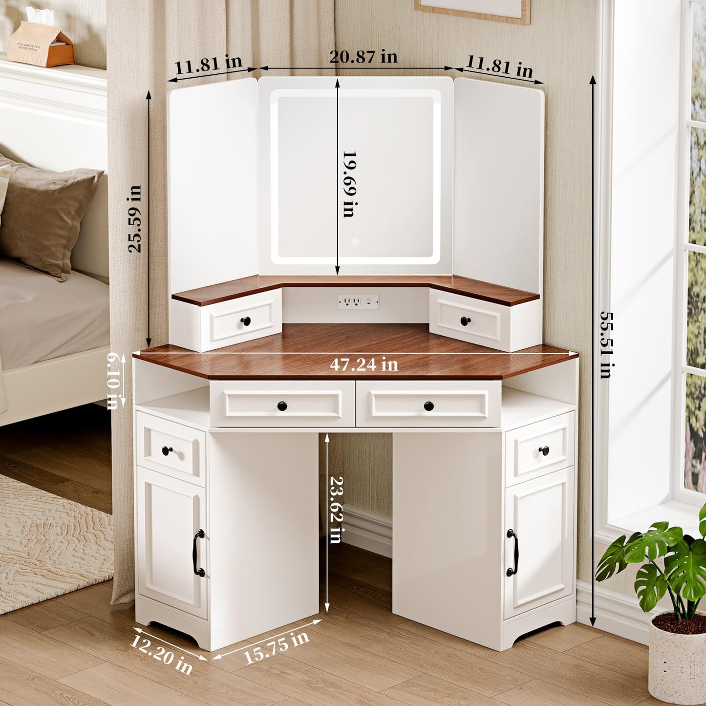 GRUTEUNIT Corner Vanity Desk with Mirror and Lights,Makeup Vanities with Power Outlet and 6 Drawers, 3 Light Settings, Dimmable for Women Girls, Bedroom, White