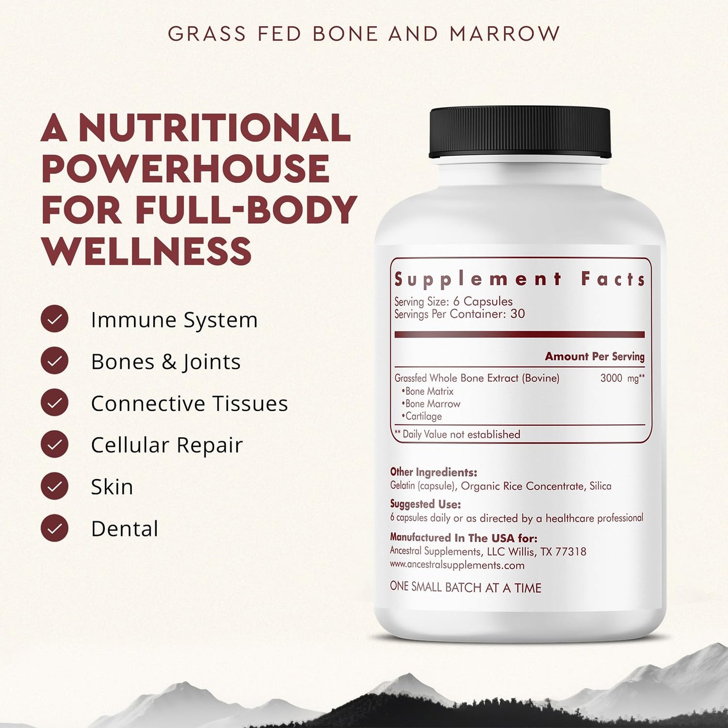Ancestral Supplements Grass Fed Beef Bone and Marrow Supplement, 3000mg, Skin, Oral Health, and Joint Support Supplement, Promotes Whole-Body Wellness, Non GMO Whole Bone Extract, 180 Capsules