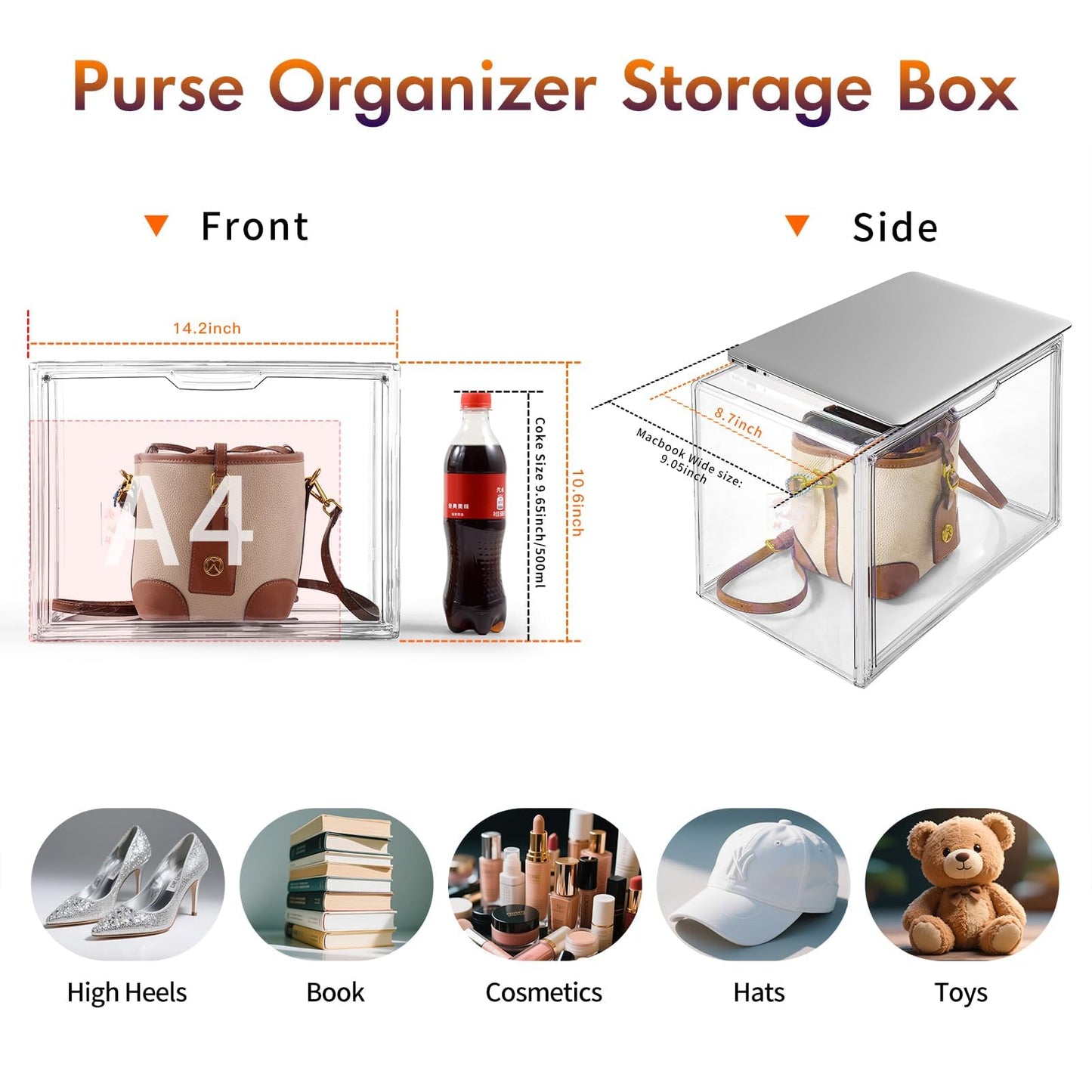 starogegc 3Pack Clear Plastic Handbag Storage Organizer for Closet, Acrylic Display Case for Handbag and Purse, Purse Organizer for Closet with Magnetic Door for Book, Toys, Hat