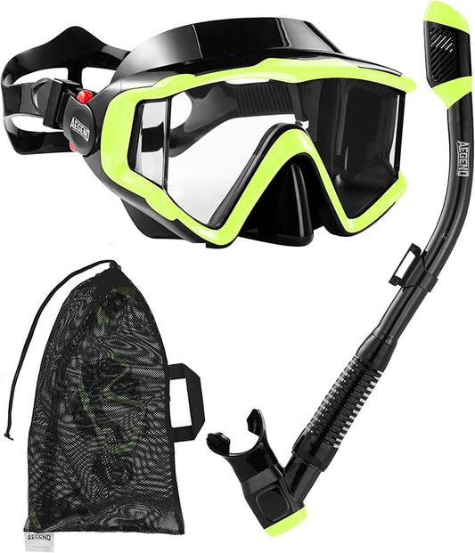 Aegend Snorkeling Gear for Adults Youth Kids, Dry Snorkel Set Panoramic View Enhanced Anti-Leak and Anti-Fog Technology, Adjustable Strap for Snorkeling Scuba Diving Swimming with Mesh Bag