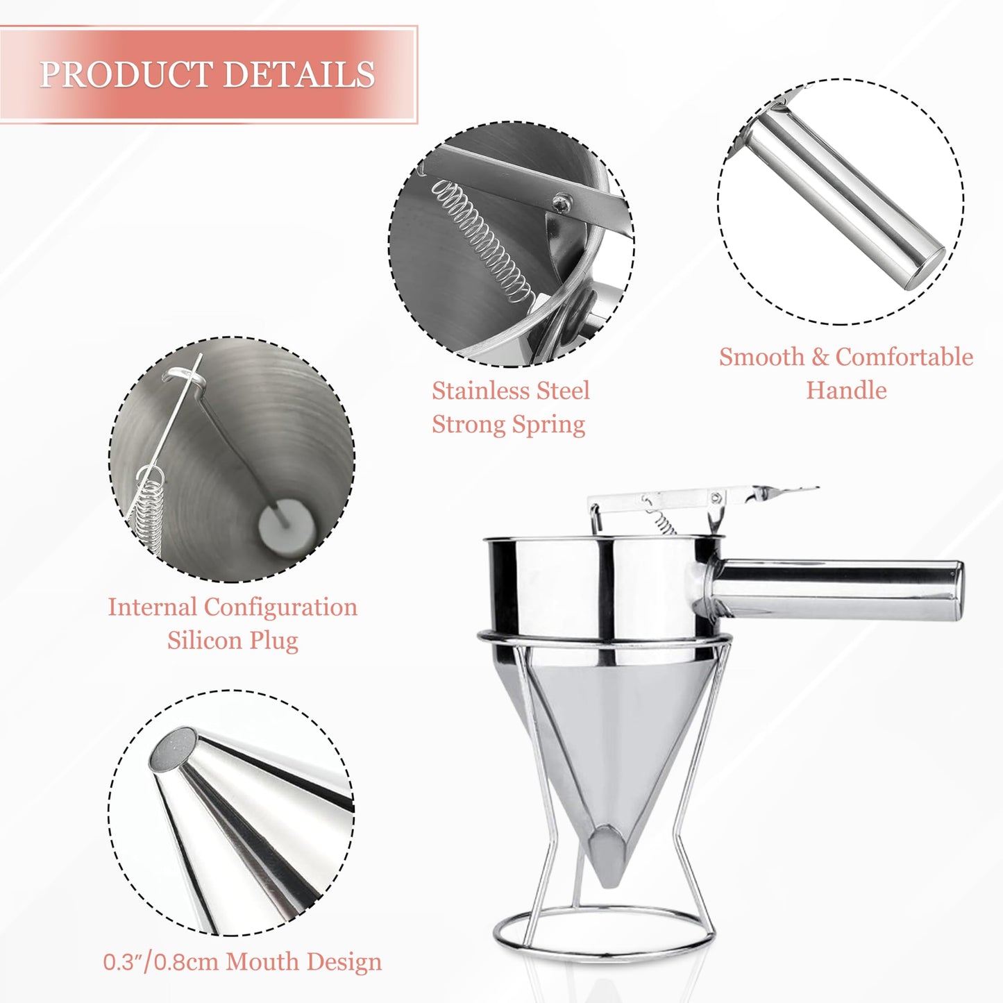 KOLIBROX Piston Funnel with Stand - Stainless Steel Confectionery Funnel for Batter Dispensing & Bakery Use - Precise Cake Decorating Tool - Perfect for Pouring Sauces, Chocolate & Fillings | Silver