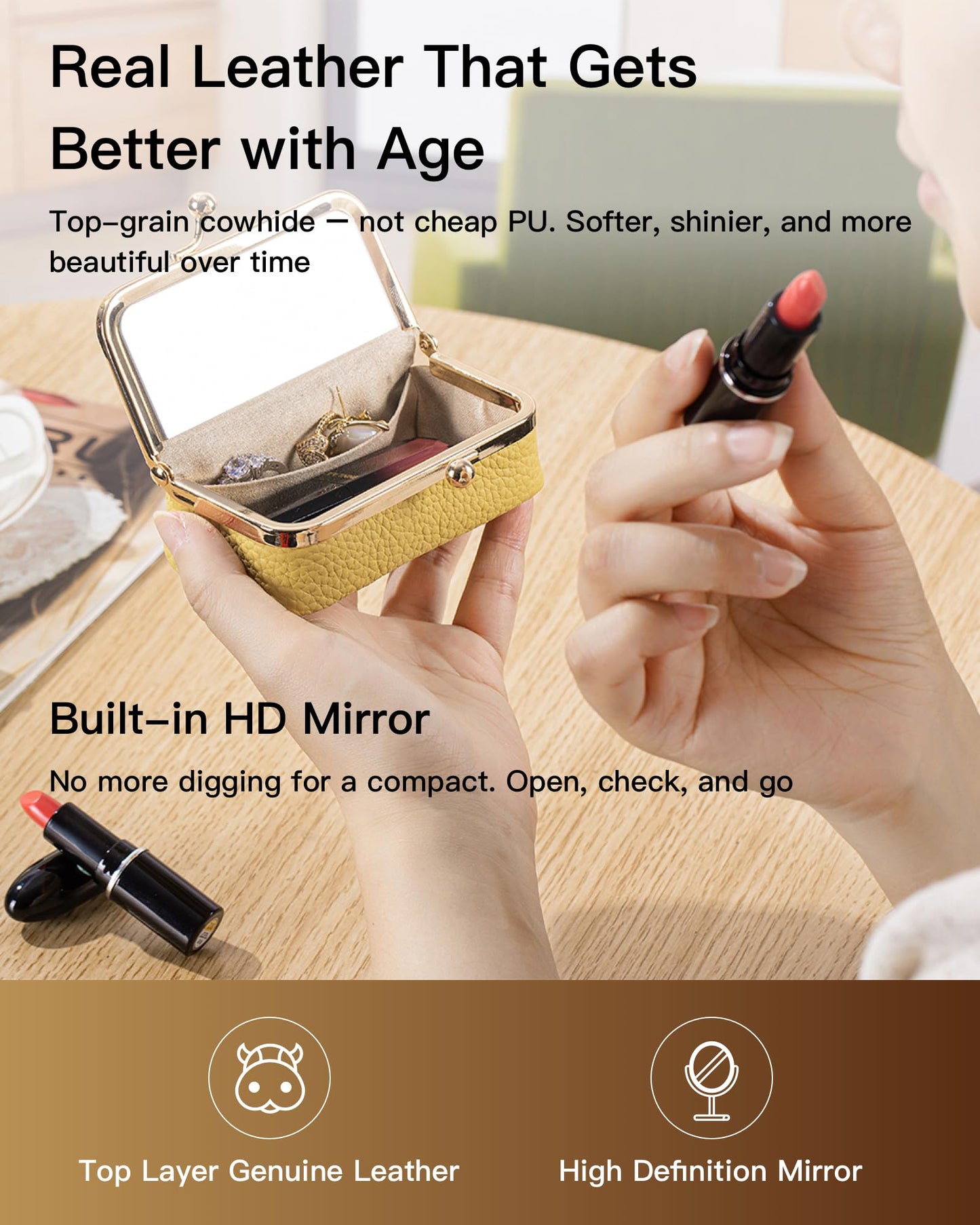 Nsciyise Genuine Leather Travel Jewelry Box, Mini Jewelry Organizer Case with Mirror for Women, Small Lipstick Bag for Purse, Cute Portable Gift for Her women giril (Black, Mirror)