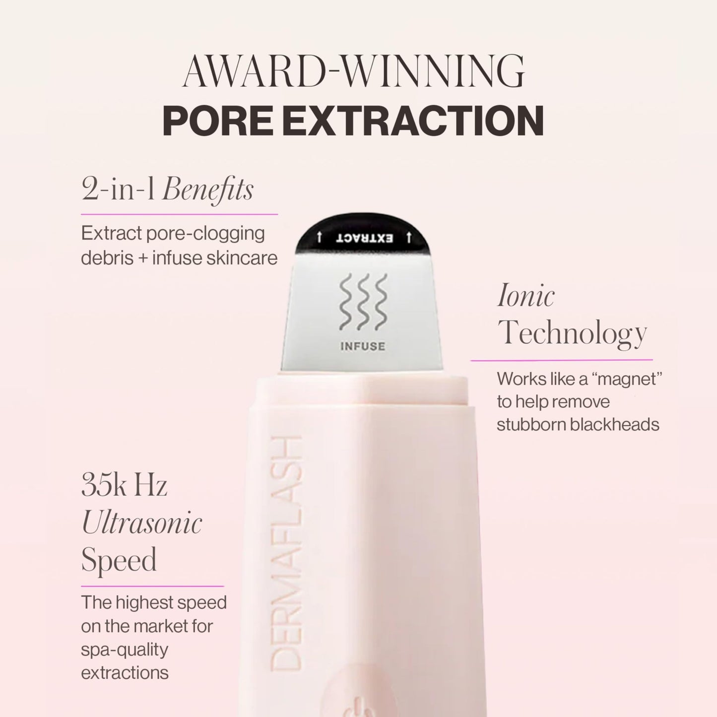 DERMAFLASH DERMAPORE+ Skin Care Device, Ultrasonic 2-in-1 Pore Extractor and Skincare Infuser, Blush