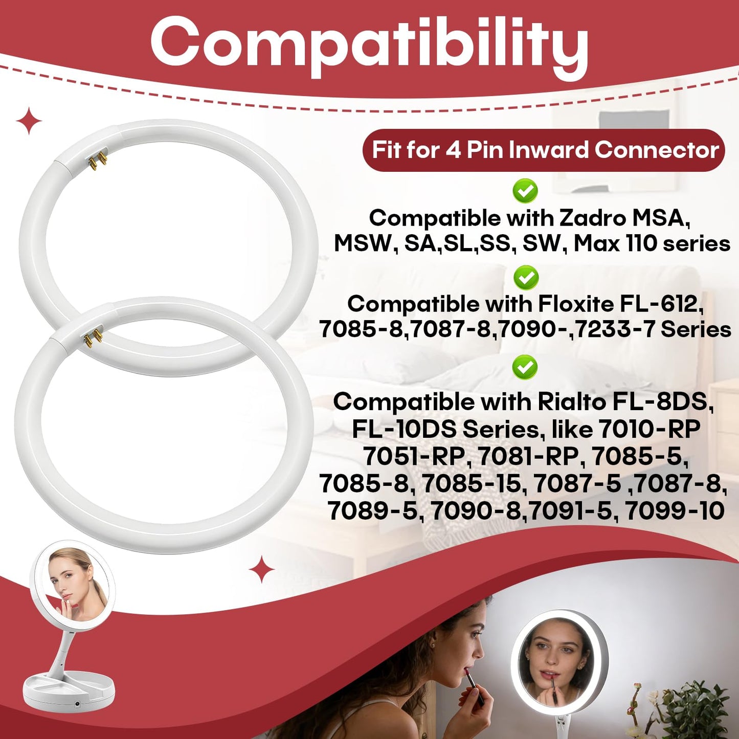Itsall 2-Pack 22W T5 Circular Bulb Compatible with Floxite, Zadro and Rialto Vanity Mirrors, 7.25 Inch Round Fluorescent Tube with G10Q-4 Base, 6500K Daylight