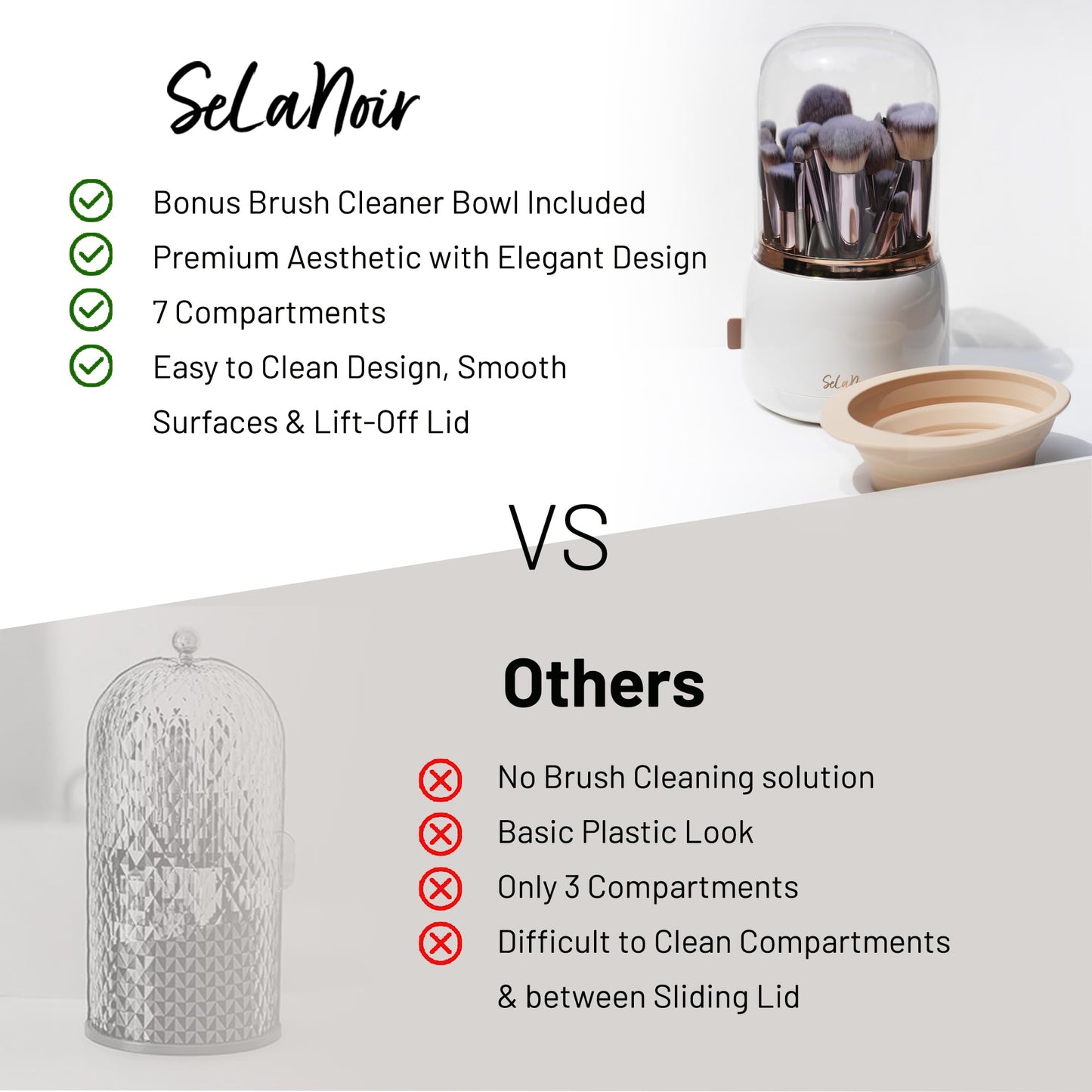Selanoir Rotating Makeup Brush Holder with Lid Dustproof Vanity Organizer for Makeup Brushes, Bonus Foldable Makeup Brush Cleaner Bowl Included