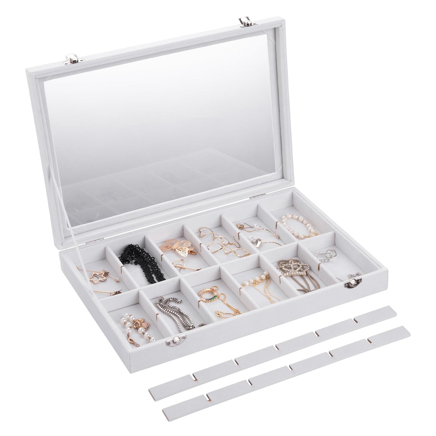 Frebeauty Velvet Jewelry Tray,24 Grid Jewelry Organizer with Clear Lid,Earring Holder Organizer with Clasp,Drawer Insert Rings Pendants Brooches,13.8 x 9.5 x 2 Inches,Gift for Women Girls(White)