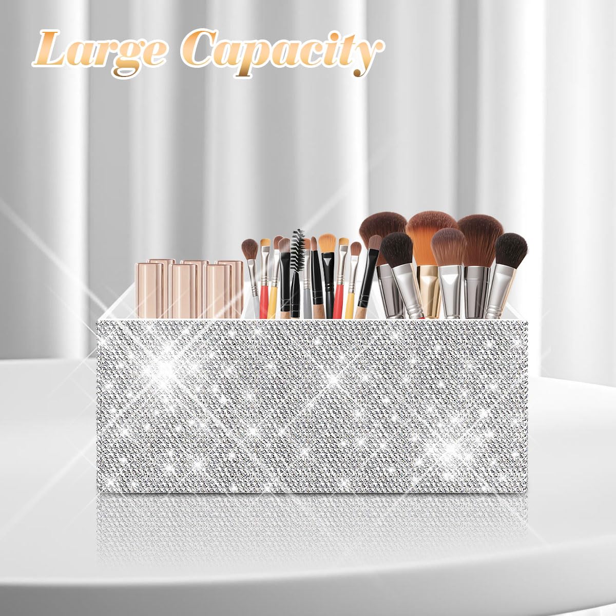 Bling Makeup Brush Holder Organizer, 3 Slot Sparkle Cosmetics Brushes Storage Holders with Shiny Rhinestones, Glitter Cute Pen and Pencil Holder for Desk, Eyeliners Display Case for Vanity（White）