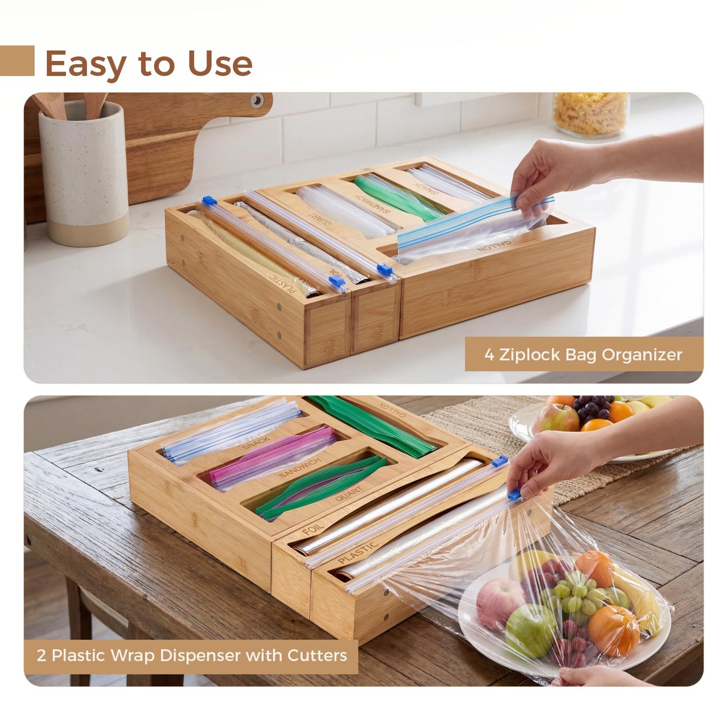 6 in 1 Storage Bag Organizer Kitchen Drawer, Bamboo Foil and Plastic Wrap Dispenser with Slider Cutter, Kitchen Bag Organizer for Quart, Gallon, Sandwich and Snack Bags