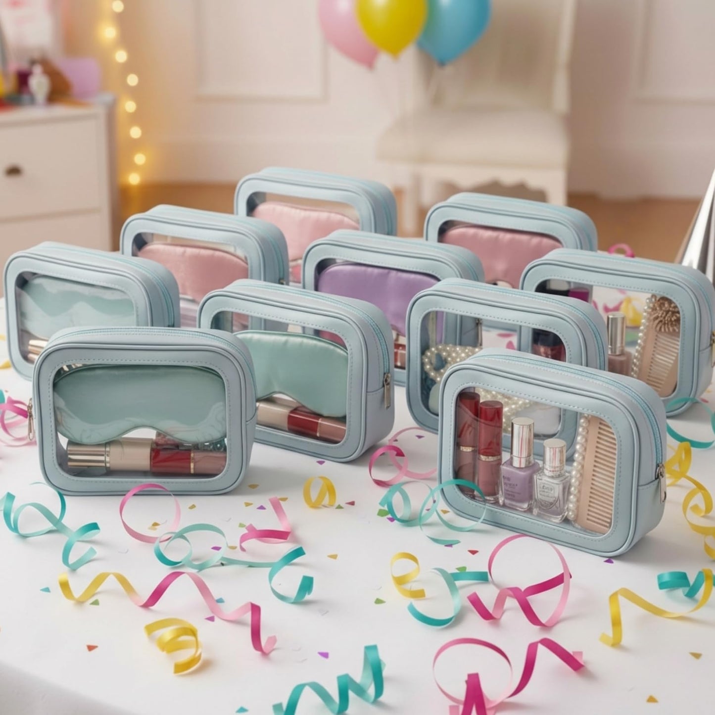 Abbylike 10 Pcs Clear Makeup Bags Bulk Tsa Approved Clear Toiletry Bags with Zipper PU Leather Waterproof Travel Makeup Organizer for Women Wedding Bridal DIY Gifts Bachelorette Party (Blue)