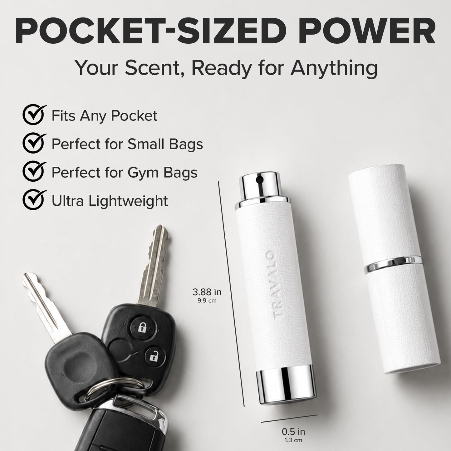 Travalo Walzer Refillable Perfume Atomizer - Pocket-Size, Leak-Proof, Glass-Free Spray Bottle Safe for Air Travel - Mini Perfume Bottle with White Leather Cover