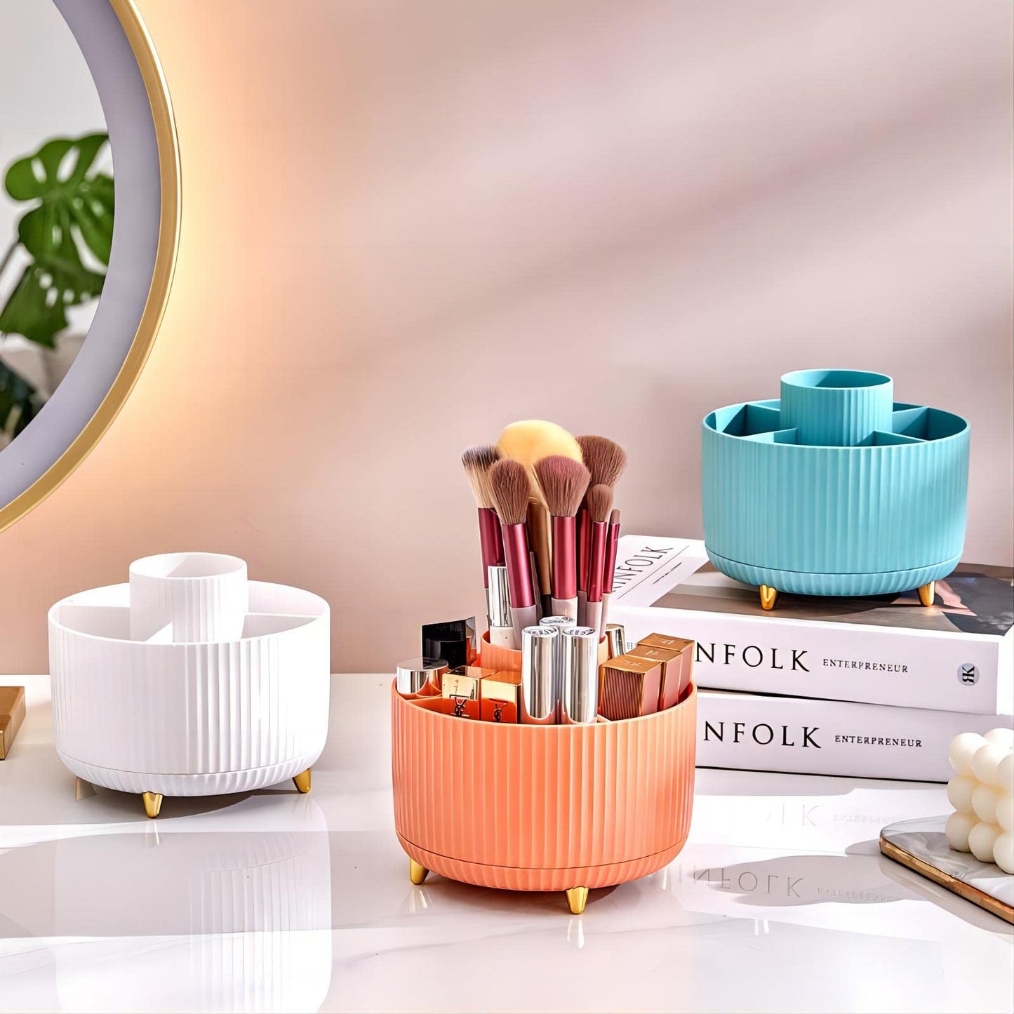 DASITON Large Capacity Makeup Brush Holder,360° Rotating Makeup Organizer,5 Slot Makeup Brushes Cup,for Vanity Decor,Bathroom Countertops,Desk Storage Container,Cosmetic Display cases(Blue)