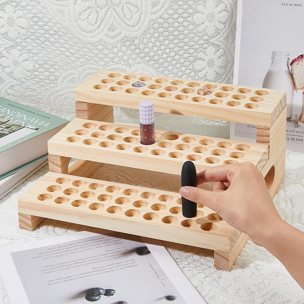 SUPERFINDINGS 1 Set 90 Slots Wooden Lipsticks Holder 3 Tier Tube Display Shelf Wood Tool Rack Wooden Essential Oil Display Storage Organizer for Cosmetic Lip Gloss Tool, Slot IDxT: 0.8"x0.4"