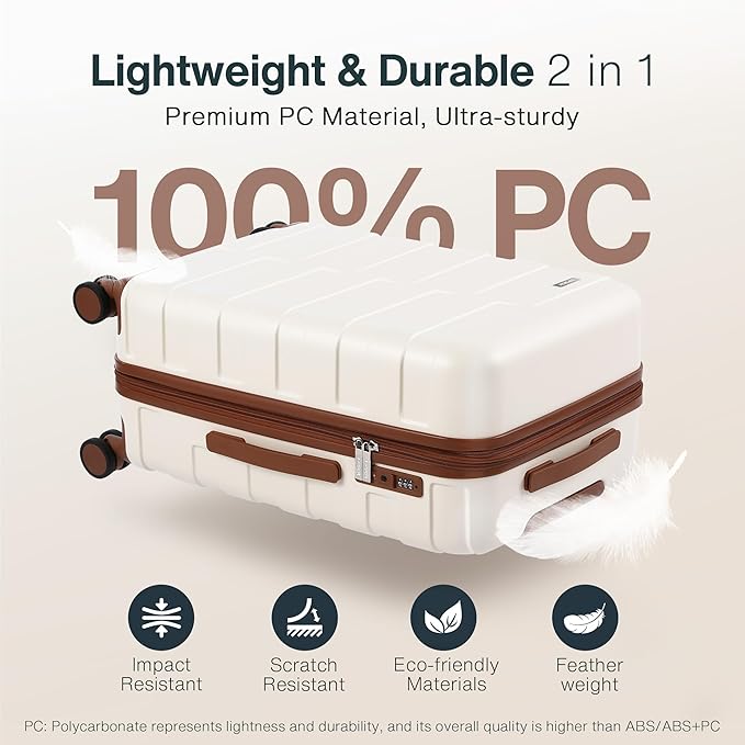 Luggage Sets 2 Piece 20/24 Inch (3-YEARS VIP SERVICE) Hardside Ultra Durable Expandable Lightweight Polycarbonate Carry On Travel Suitcase with Spinner Wheels TSA Lock, Elegant White