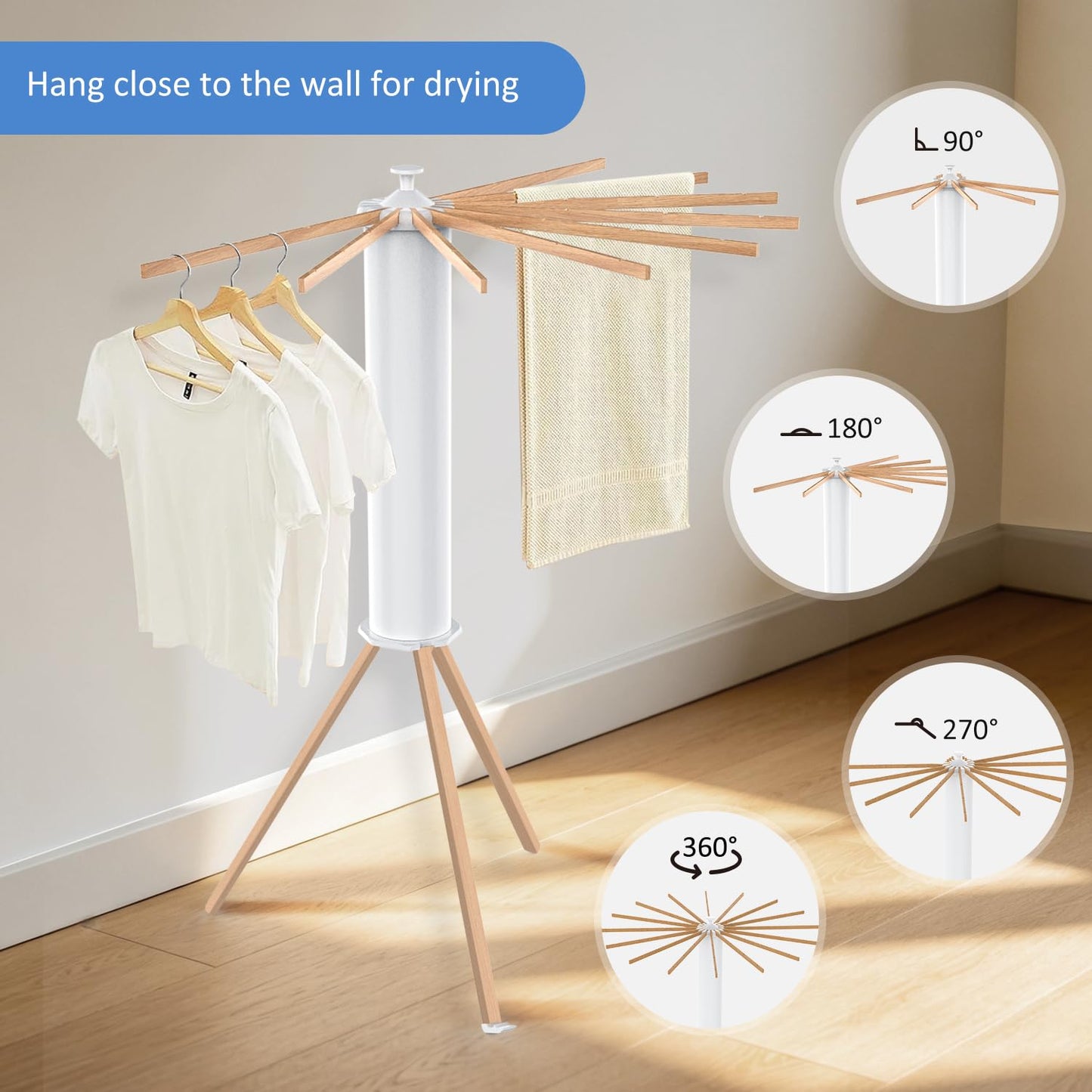 Clothes Drying Rack, Foldable Wooden Tripod Drying Rack Clothing for Small Apartments Balcony Bedroom, Portable Space Saving Laundry Rack, Floor Standing with 16 Octopus Poles for Indoor Drying.