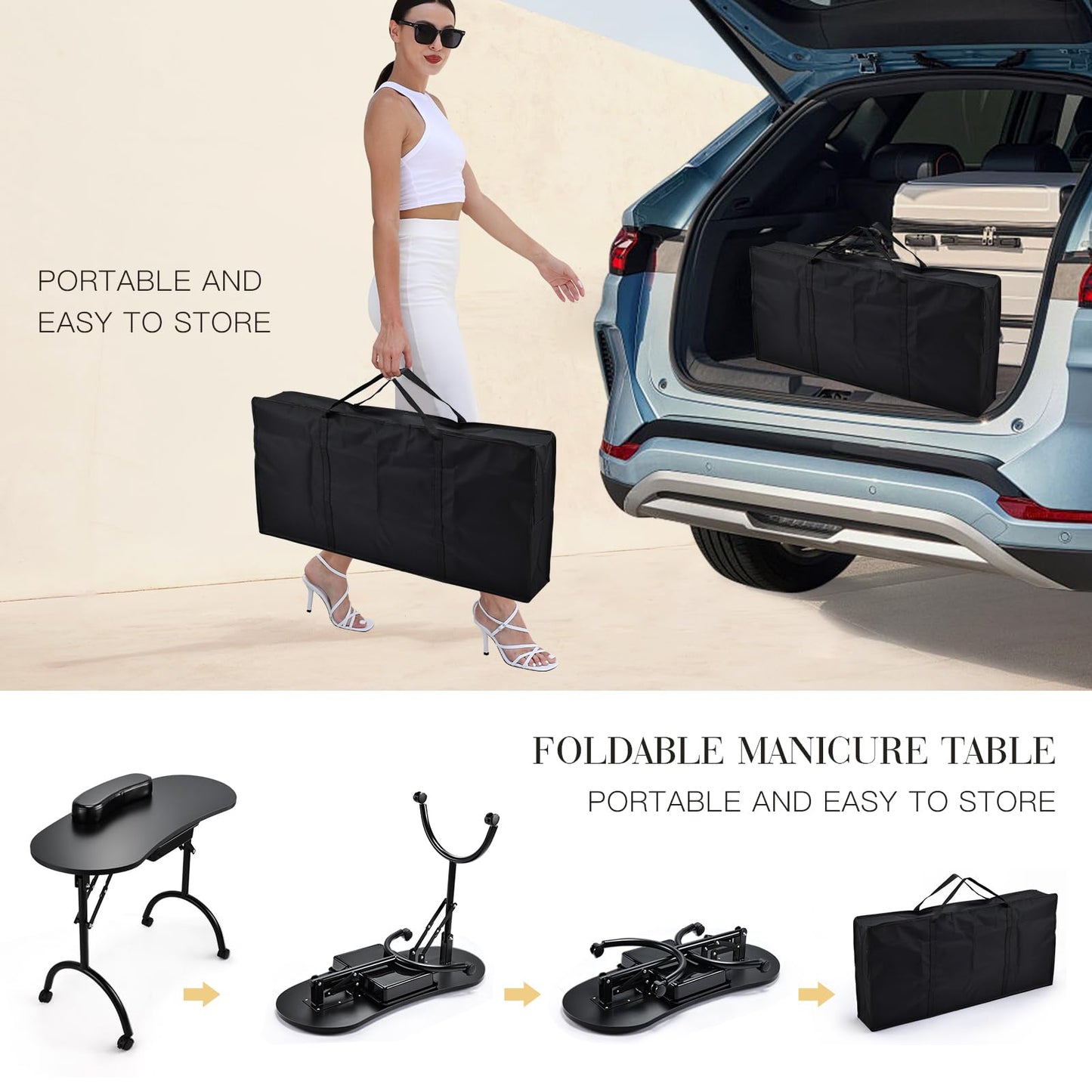 Joligrace Professional Foldable & Portable Manicure Table Nail Technician Desk Workstation with Rolling Wheels Large Drawer Client Wrist Pad Free Carrying Bag Travel Nail Tech Spa Beauty Table, Black