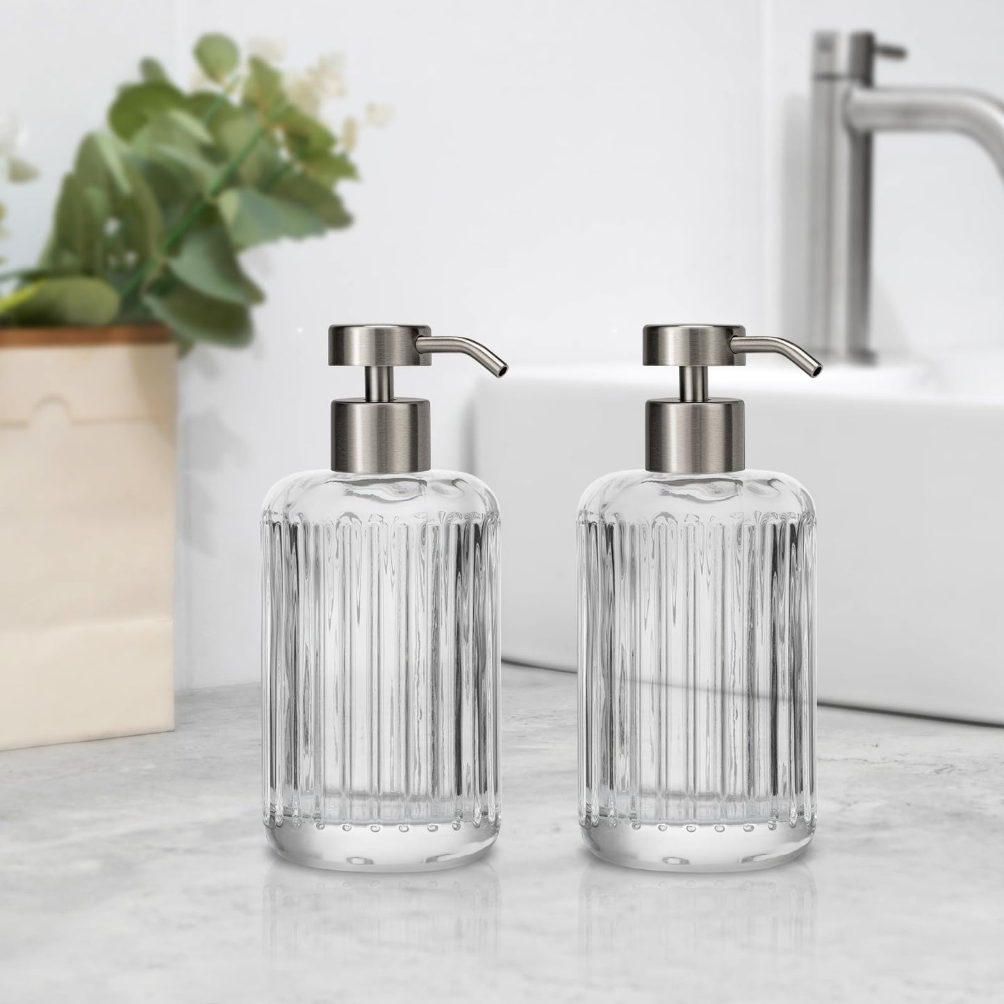 2 Pack 304 Stainless Steel Soap Dispenser Pump Replacement Flat Top Standard 28/400 Thread for Regular Mouth Bottles Lotion Soap Dispenser for Kitchen Bathroom(Brushed Nickel)