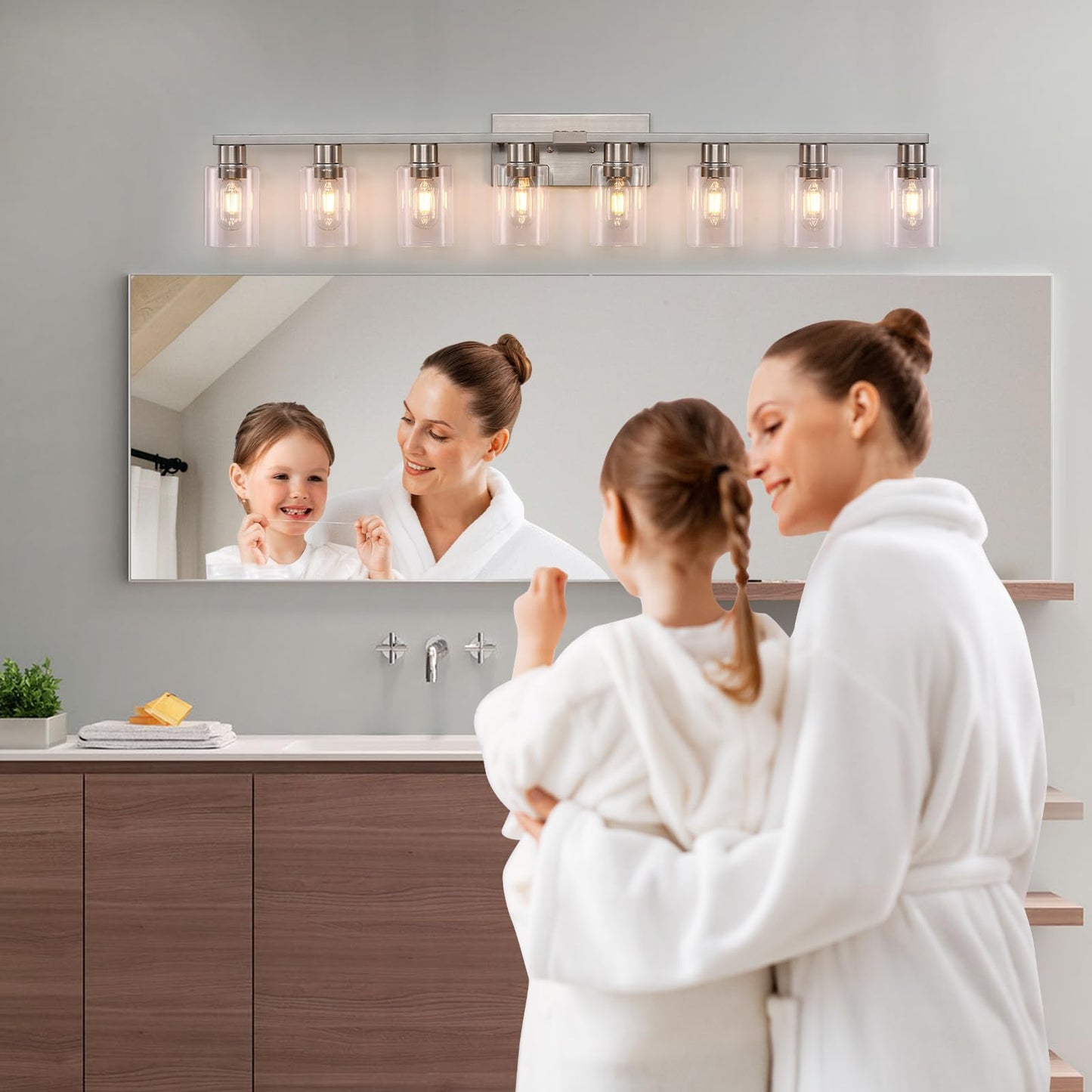 DIDUIO 8 Light Bathroom Vanity Light Brushed Nickel Bathroom Light Fixtures 8-Light Vanity Lights for Bathrrom Lights Fixtures Over Mirror Large Wall Sconce with Clear Glass Shade