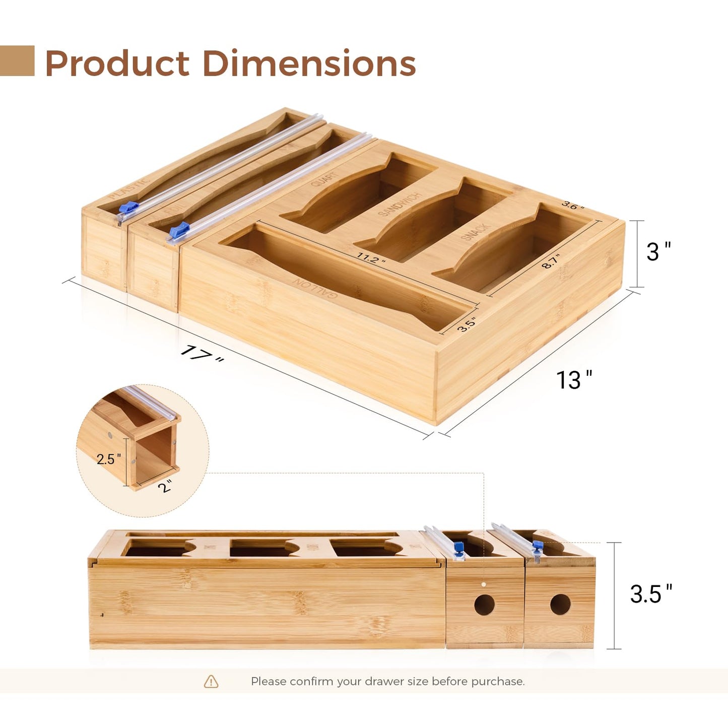 6 in 1 Storage Bag Organizer Kitchen Drawer, Bamboo Foil and Plastic Wrap Dispenser with Slider Cutter, Kitchen Bag Organizer for Quart, Gallon, Sandwich and Snack Bags