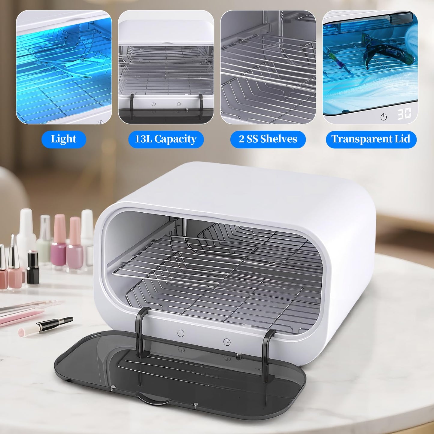 heemeei Nail Tool Cleaning Machine, Large Capacity Cleaning Cabinet for Esthetician, 110V Multi-Functional Nail Tool Cleaning Box with Adjustable Time for Home Use, Barbers, Beauty Salons, and Spas