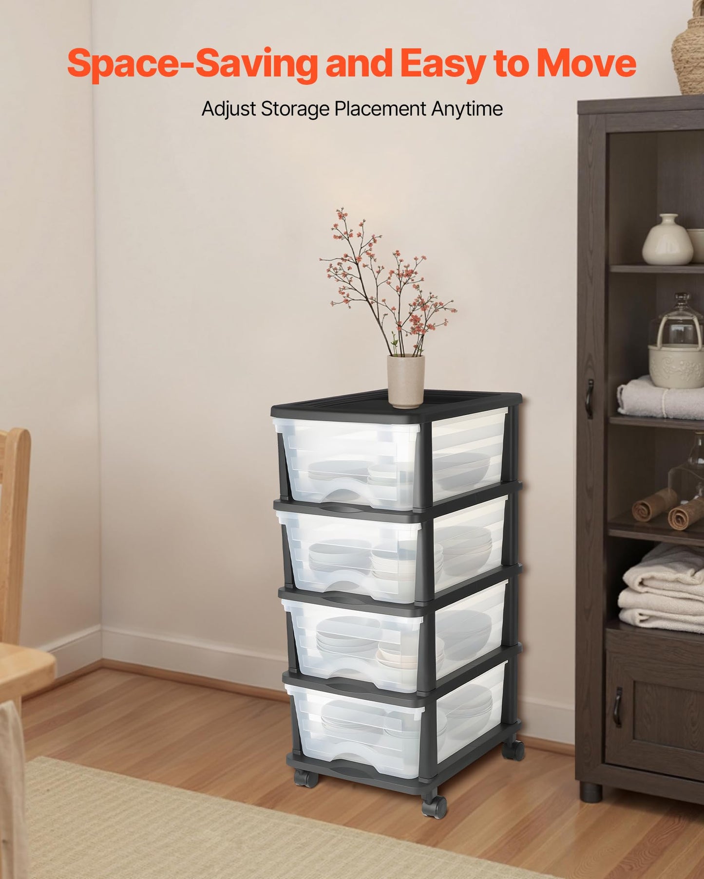 VEVOR Plastic Storage Drawers Cart, 4 Drawers Storage Organizer with Wheels, Rolling Closet Organization and Storage Dividers, Dresser Organizer Clear Bins for Office Supplies, Craft Rooms, Classrooms