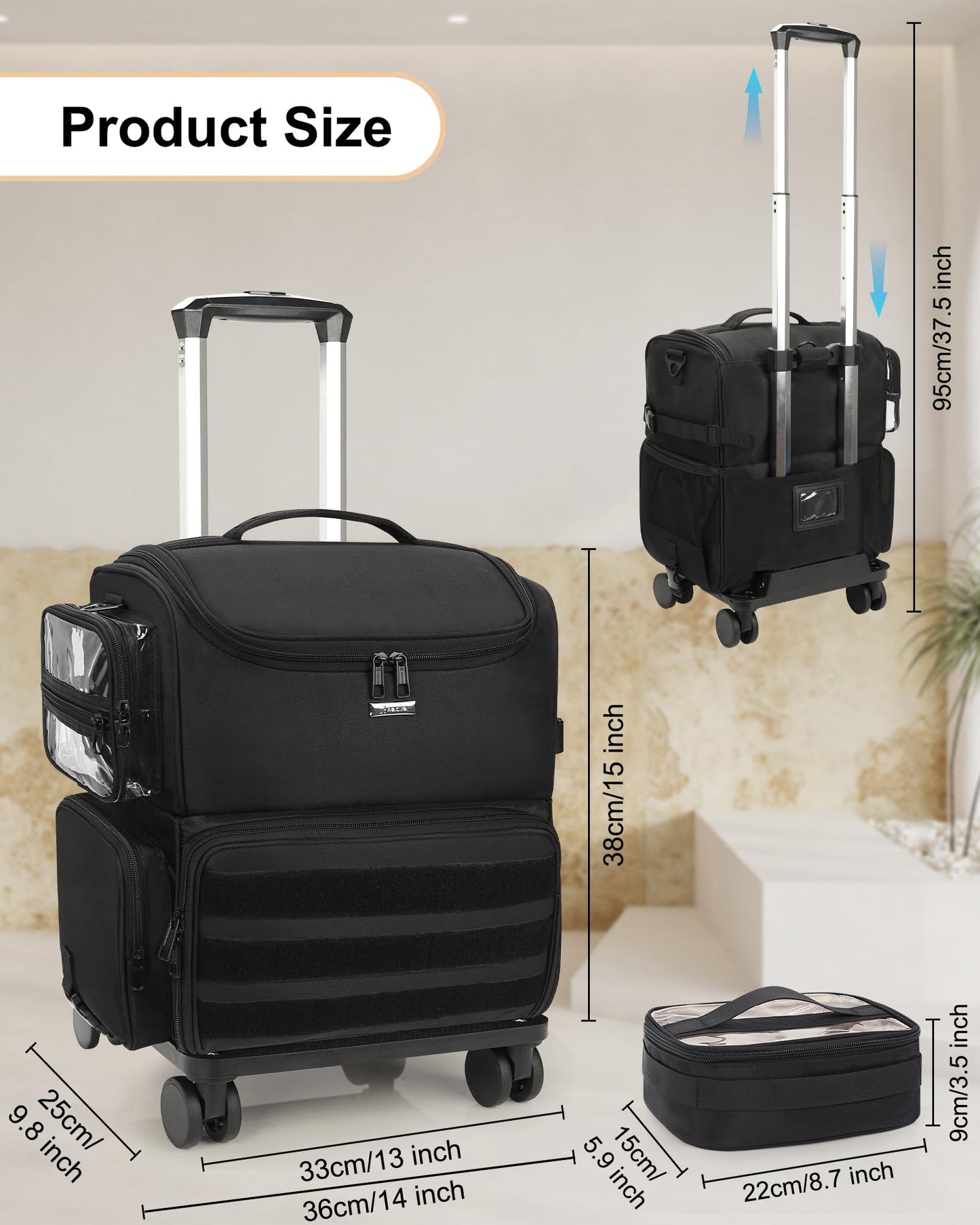 Relavel Rolling Makeup Train Case, Cosmetology Case on Wheels with 4 Clear Bags, Professional Makeup Artist Set Bags Cosmetic Storage Organizer with Adjustable Dividers, 360° Spinner Wheels, Black