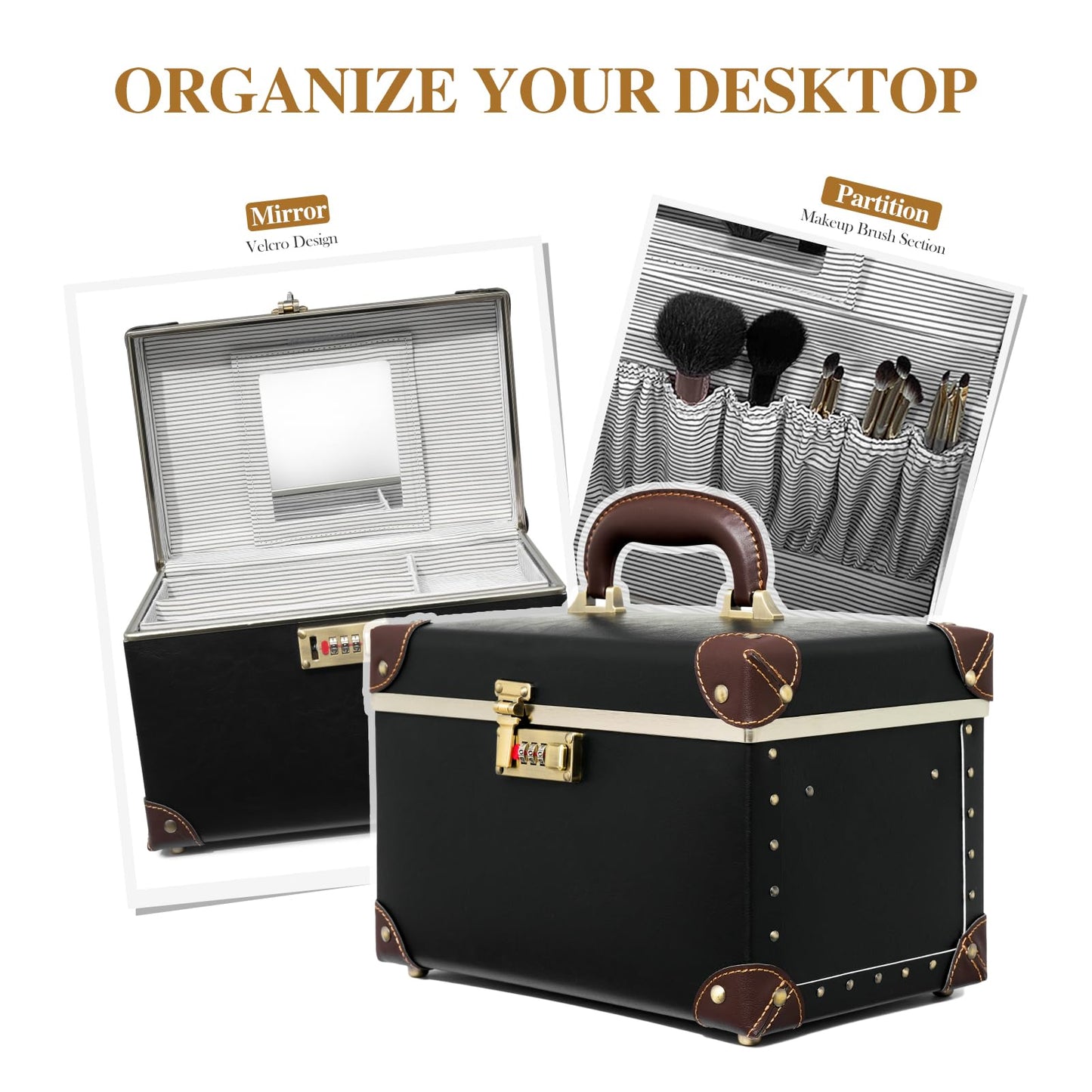 urecity Vintage Artificial Leather Makeup Train Case, Professional Cosmetic Organizer with Metal Combination Lock, Retro Style Storage Box, Black/Brown, Medium (Length: 12.5")