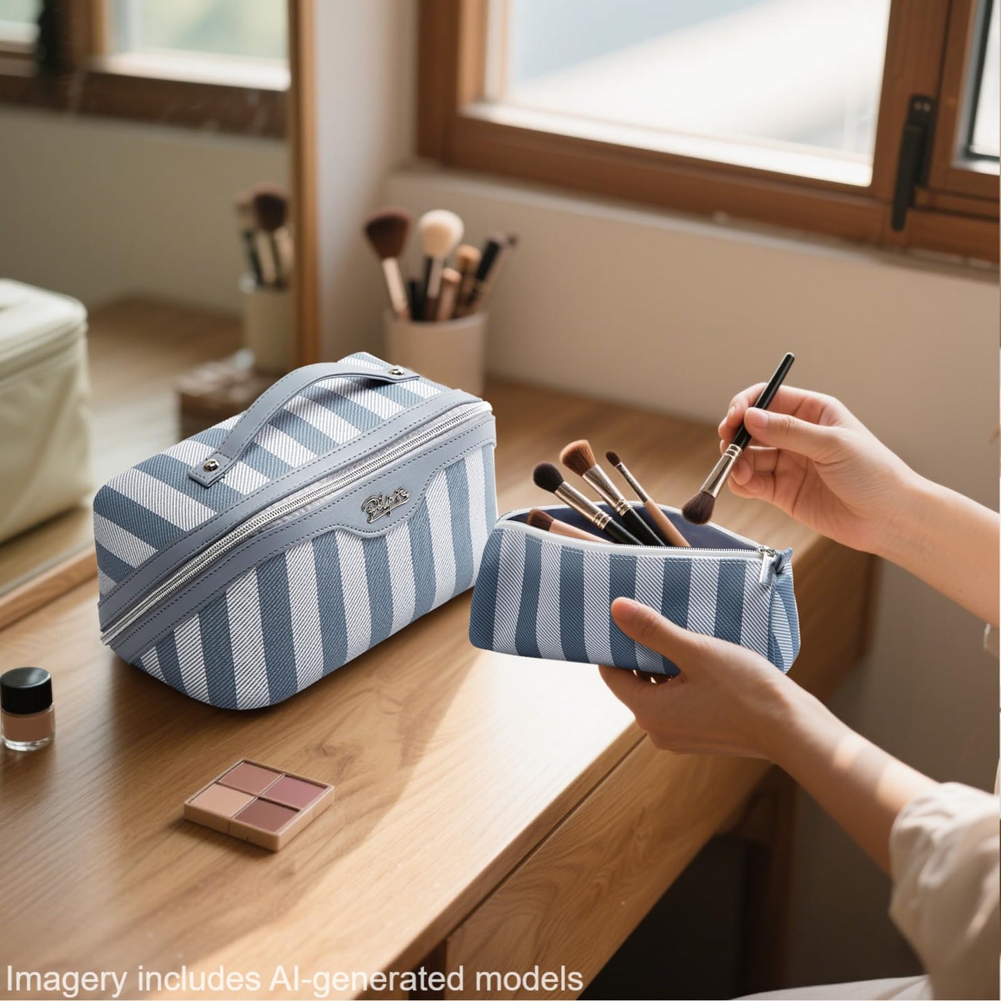 BOYATU Travel Makeup Bag Cosmetic Bag for Women: 3 Pcs Set Striped Make up Bag with Compartments - Waterproof Vegan Leather Toiletry Bags with Handle - Makeup Organizer for Travel Essentials(A-1-Blue)