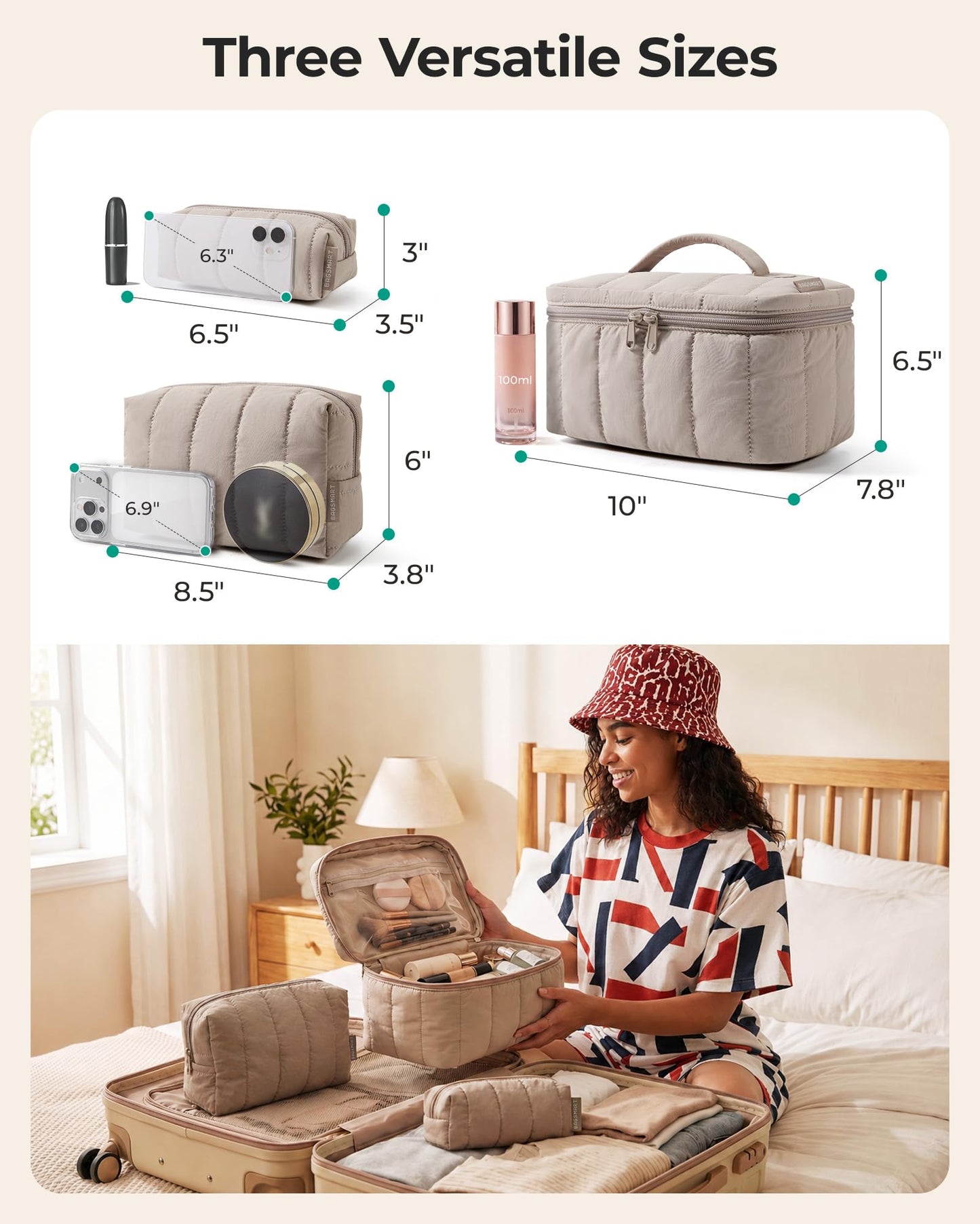 BAGSMART Travel Makeup Bag for Women, 3 Pcs Puffy Padded Cosmetic Organizer Bag, Large Toiletry Case and Small Purse Pouch for Gym, Work, Girls (Baby Blue)