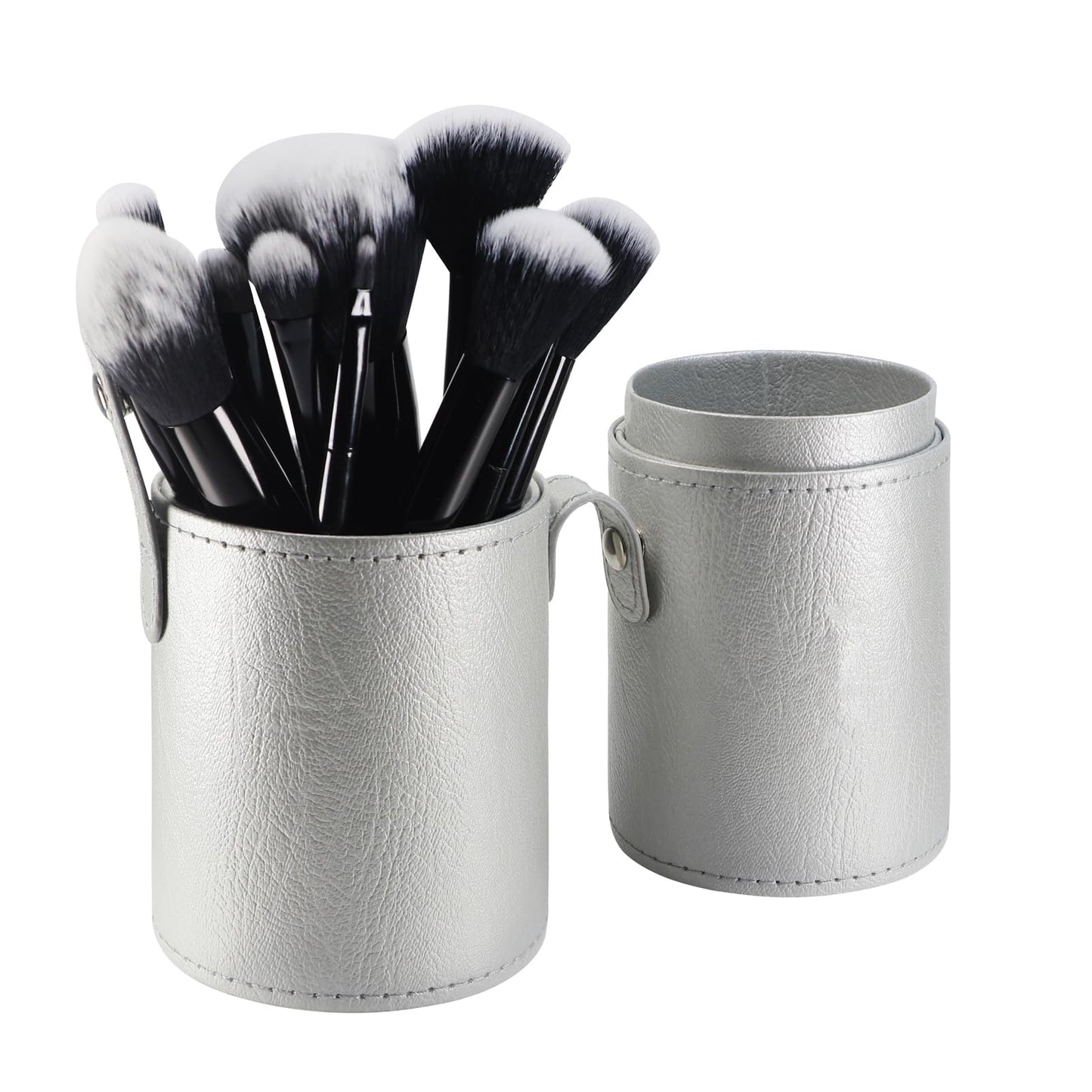 Kososuru Portable Makeup Brush Case,Pu Leather Makeup Brush Holder with Button,Travel Cup Storage Dustproof Makeup Cosmetic Bags for Women (Silver)