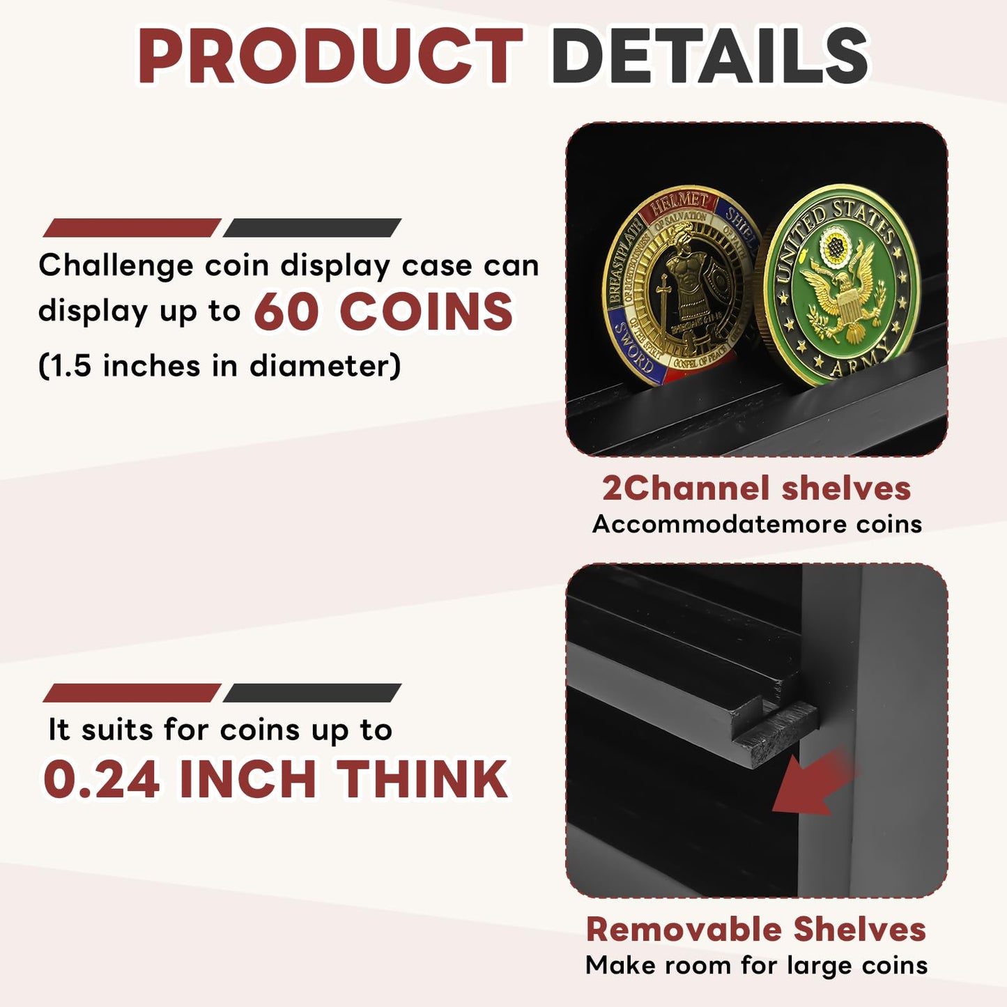Military Challenge Coin Display Case Holder, Lockable Wooden Army Coins Display Box Cabinet with Anti Fade Acrylic Glass Door, Coin Stand Rack with Removable Shelves and Wall Mounted, Black