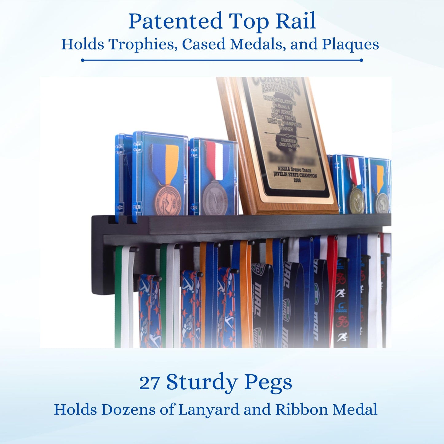MedalAwardsRack 3ft- Ultimate Medal Hanger Display and Trophy Shelf - Multi-Sport Trophy and Medal Holder for Medal Display, Plaques, Pictures, Trophies and more. Solid Wood - Large 36" - Black