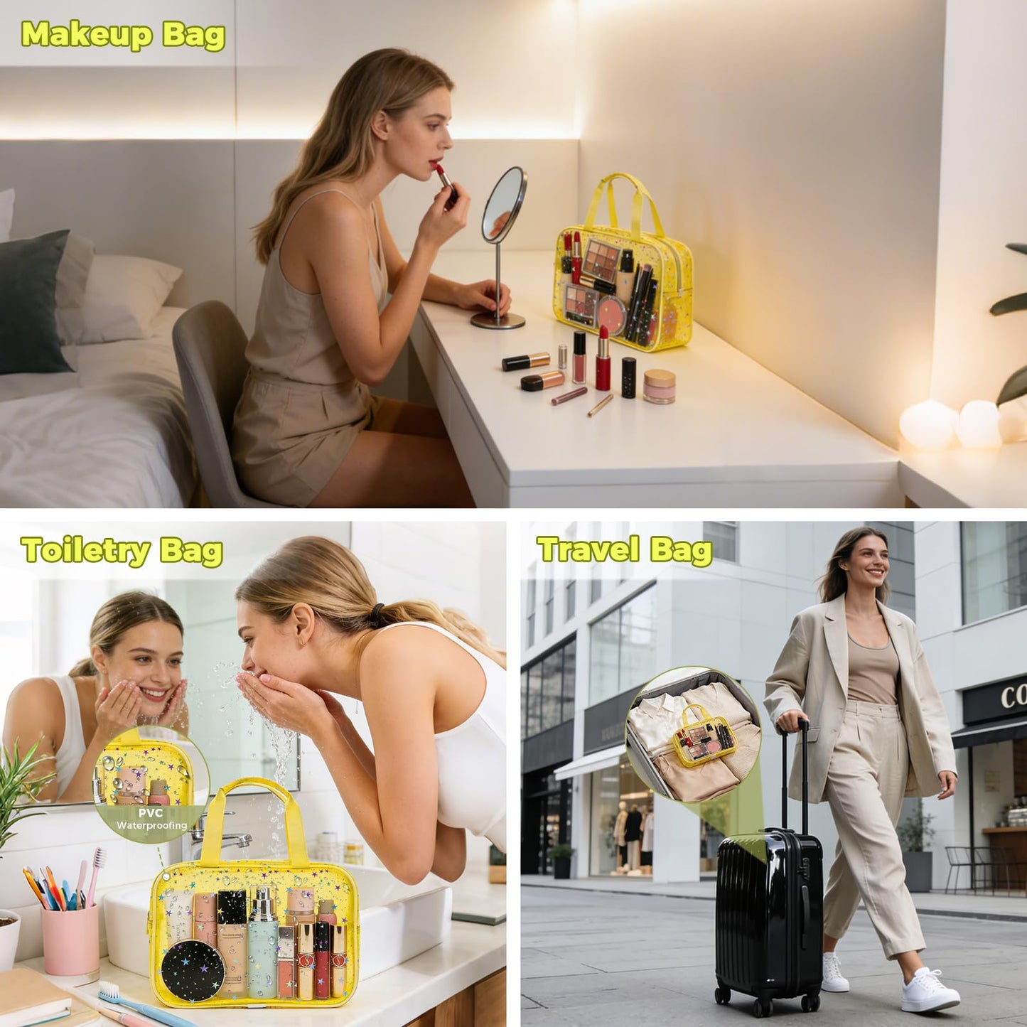 Junesters Clear Yellow Star Large Makeup Bag with Star Pattern 12x5x8 inch, Travel Cosmetic Bag with Handle, Durable PVC Material Washbag Zipper Opening Design for Makeup Travel Organizer or Gym Use